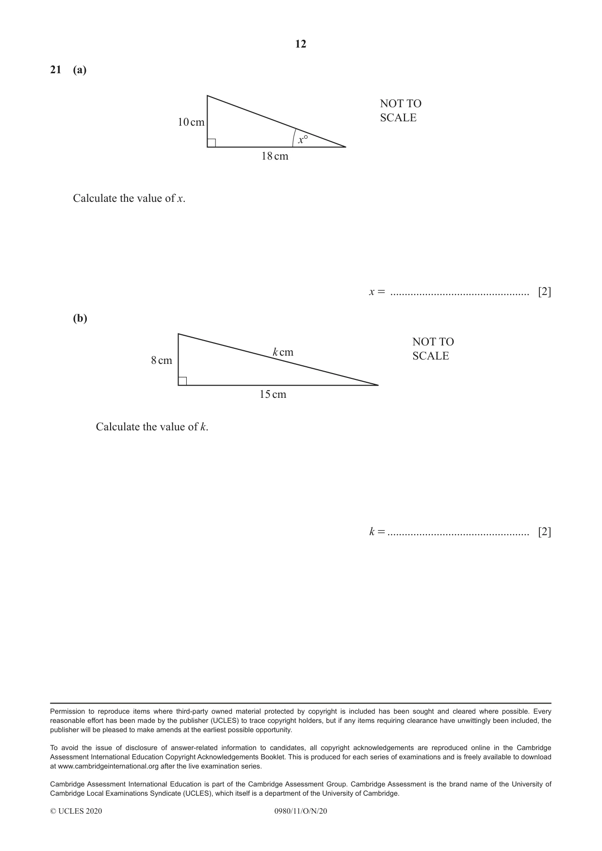 Cambridge IGCSE Mathematics (9-1) 0980 2020 Oct/Nov Paper 1 · Variant 1 question paper, page 12 of 12