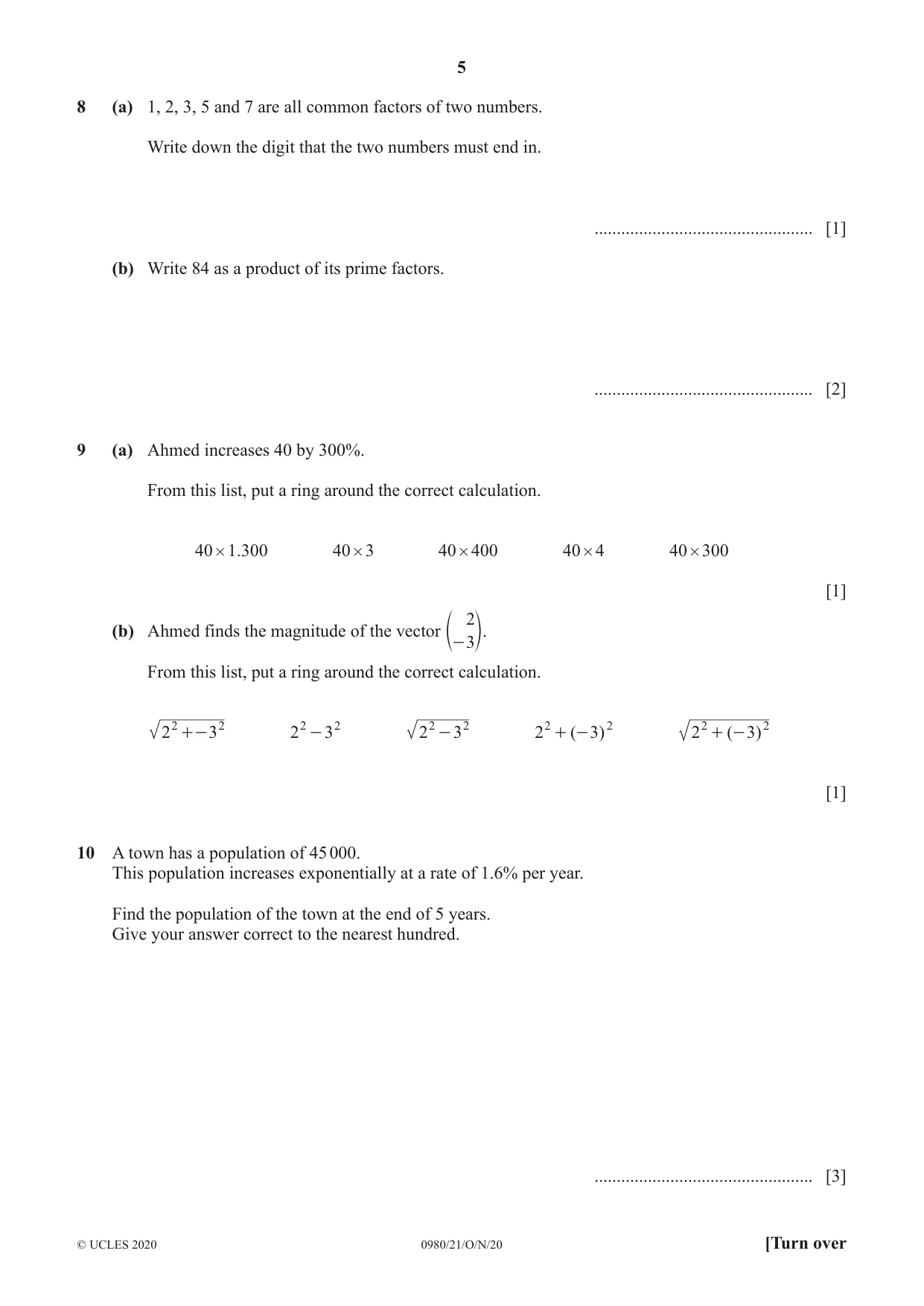 Cambridge IGCSE Mathematics (9-1) 0980 2020 Oct/Nov Paper 2 · Variant 1 question paper, page 5 of 12