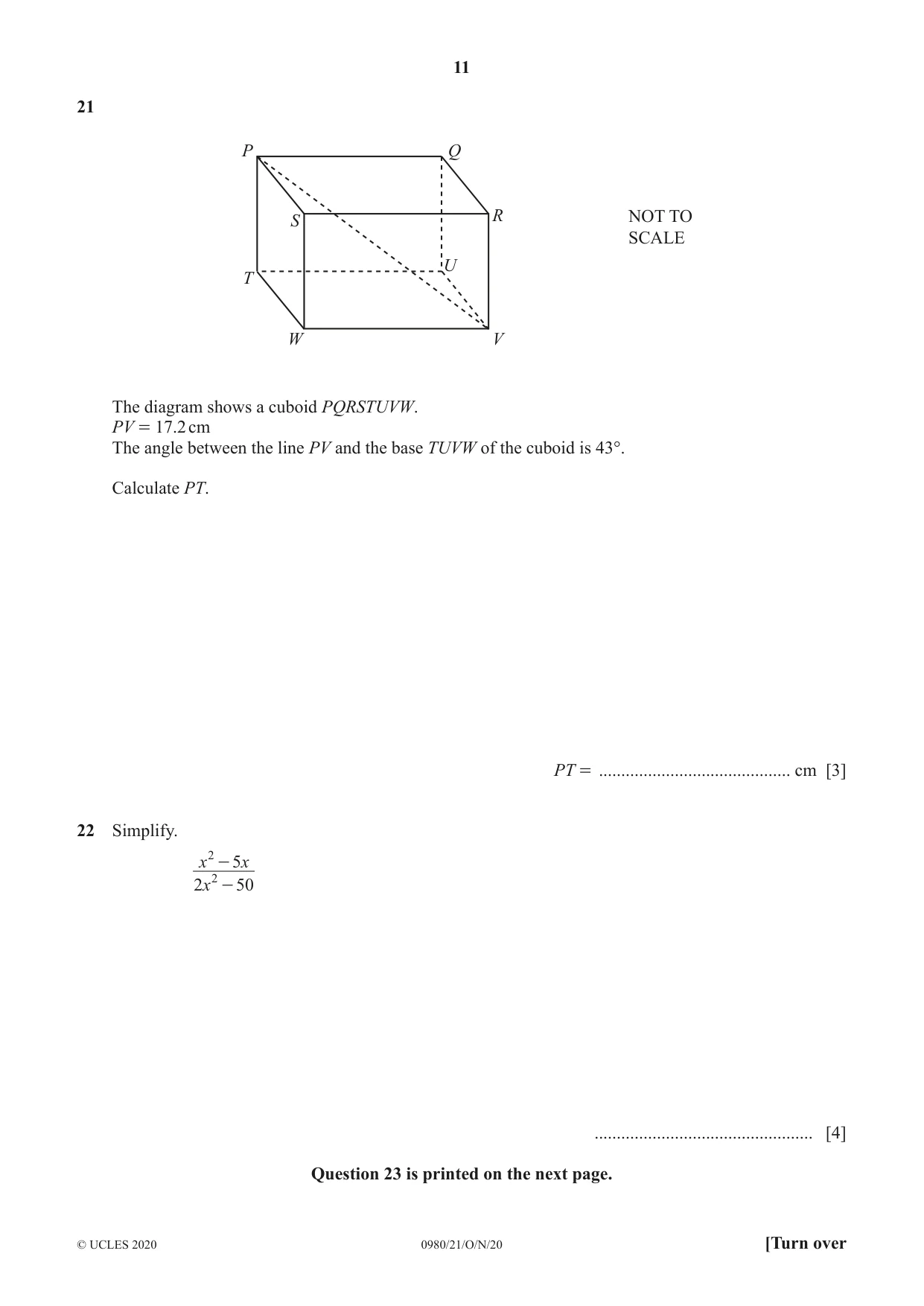 Cambridge IGCSE Mathematics (9-1) 0980 2020 Oct/Nov Paper 2 · Variant 1 question paper, page 11 of 12