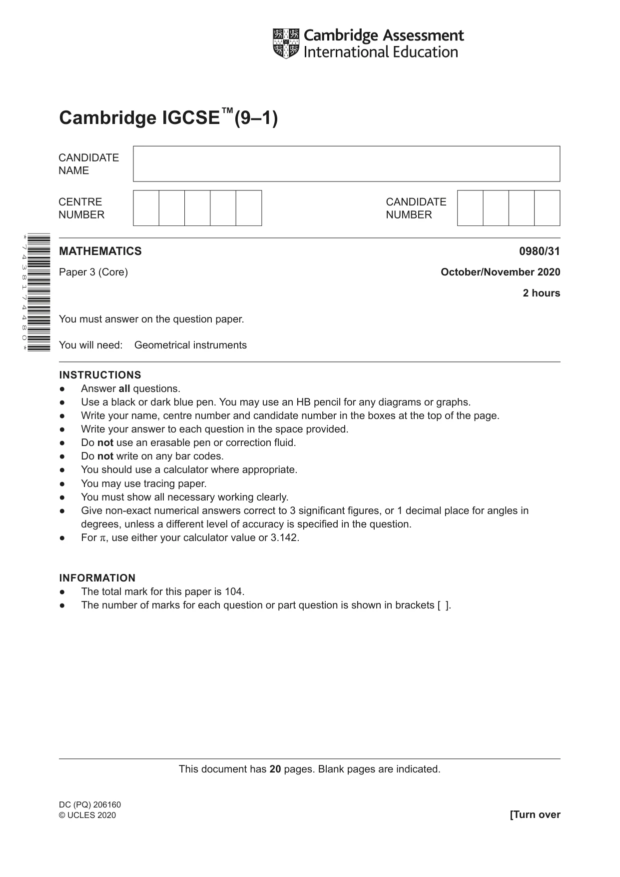 Cambridge IGCSE Mathematics (9-1) 0980 2020 Oct/Nov Paper 3 · Variant 1 question paper, page 1 of 20