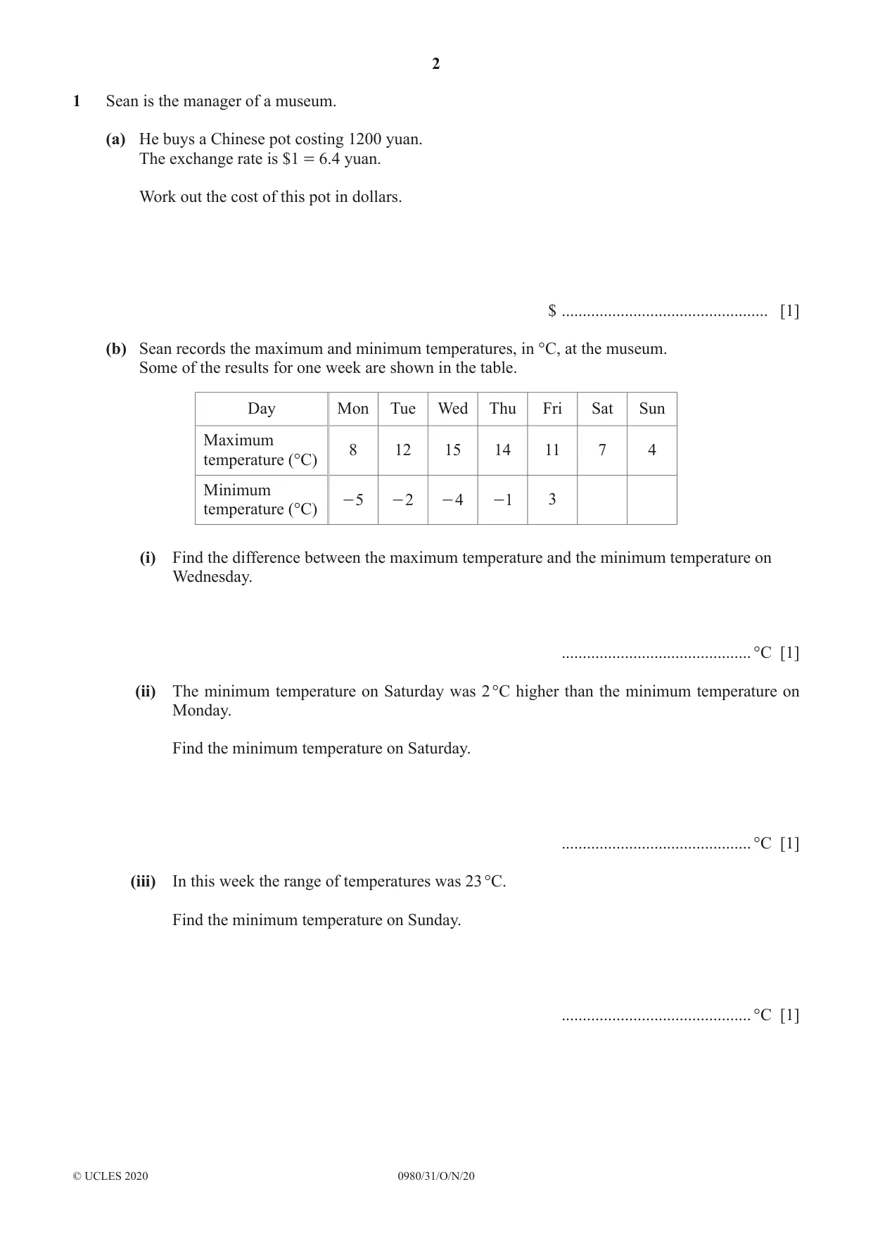 Cambridge IGCSE Mathematics (9-1) 0980 2020 Oct/Nov Paper 3 · Variant 1 question paper, page 2 of 20