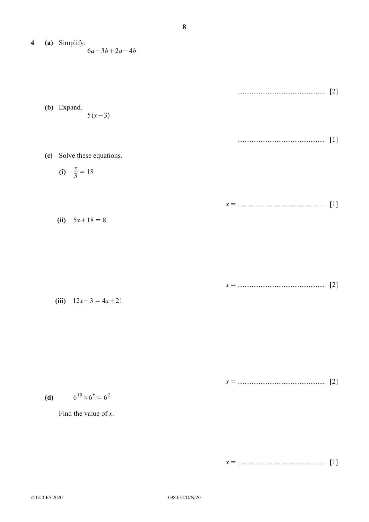 Cambridge IGCSE Mathematics (9-1) 0980 2020 Oct/Nov Paper 3 · Variant 1 question paper, page 8 of 20