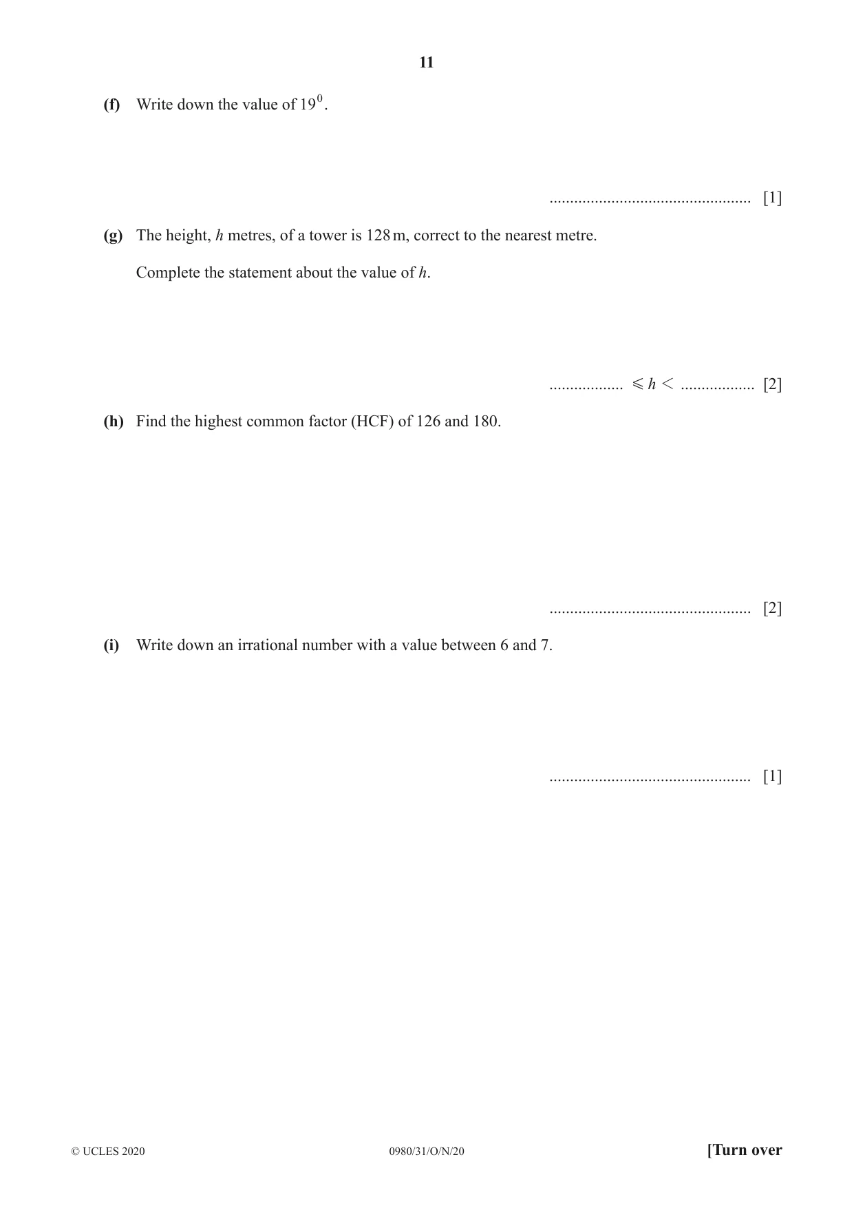 Cambridge IGCSE Mathematics (9-1) 0980 2020 Oct/Nov Paper 3 · Variant 1 question paper, page 11 of 20
