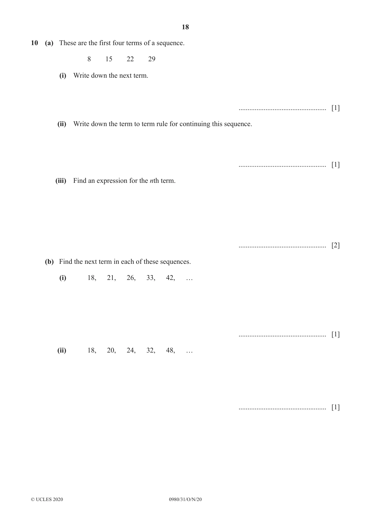Cambridge IGCSE Mathematics (9-1) 0980 2020 Oct/Nov Paper 3 · Variant 1 question paper, page 18 of 20