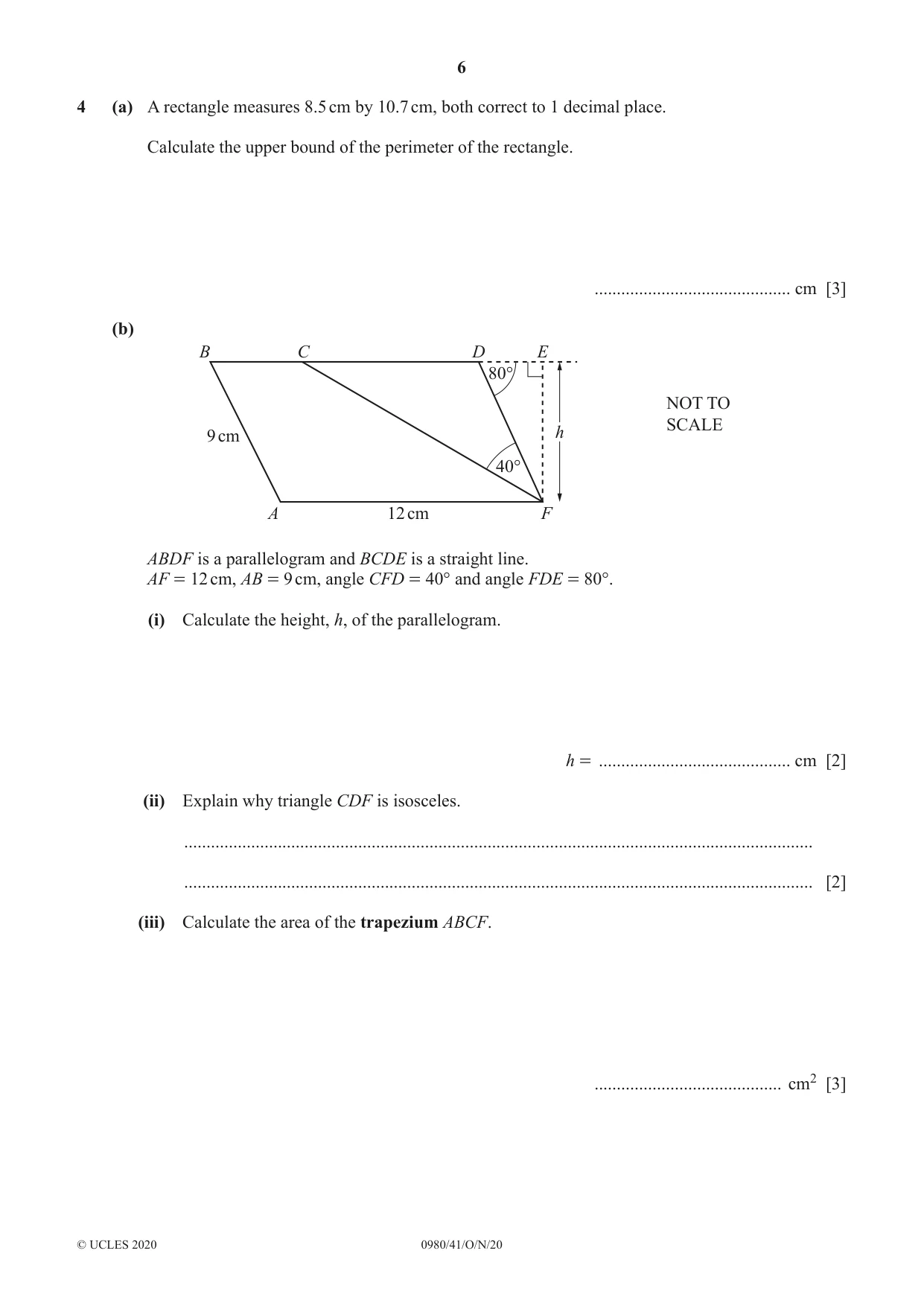Cambridge IGCSE Mathematics (9-1) 0980 2020 Oct/Nov Paper 4 · Variant 1 question paper, page 6 of 20