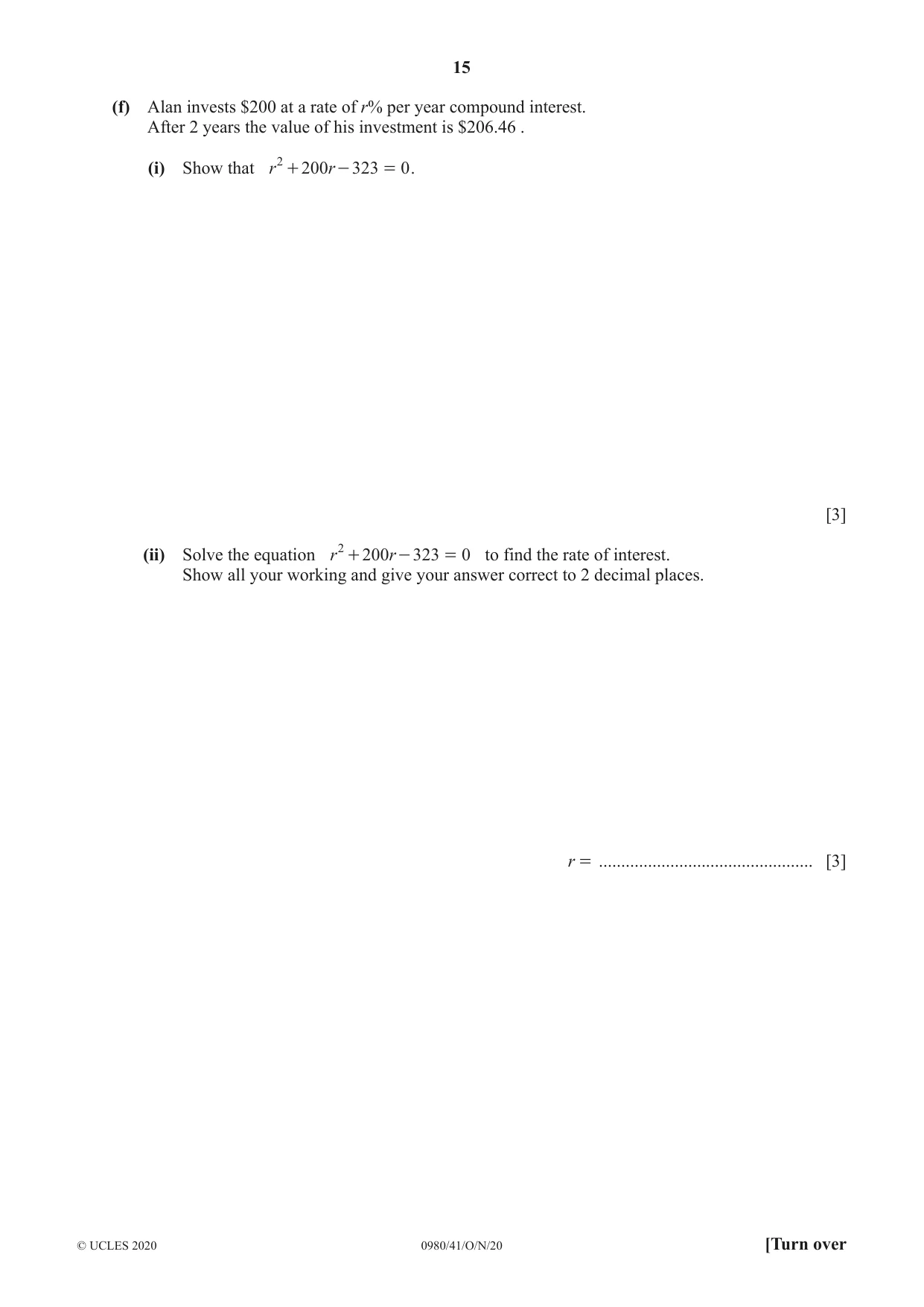Cambridge IGCSE Mathematics (9-1) 0980 2020 Oct/Nov Paper 4 · Variant 1 question paper, page 15 of 20