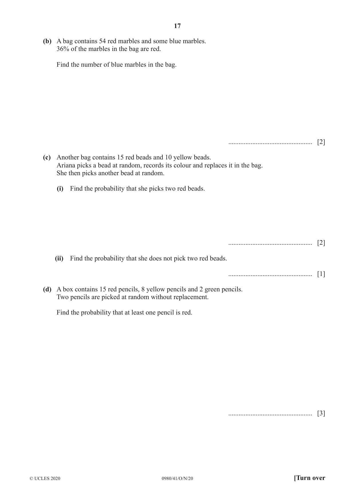 Cambridge IGCSE Mathematics (9-1) 0980 2020 Oct/Nov Paper 4 · Variant 1 question paper, page 17 of 20