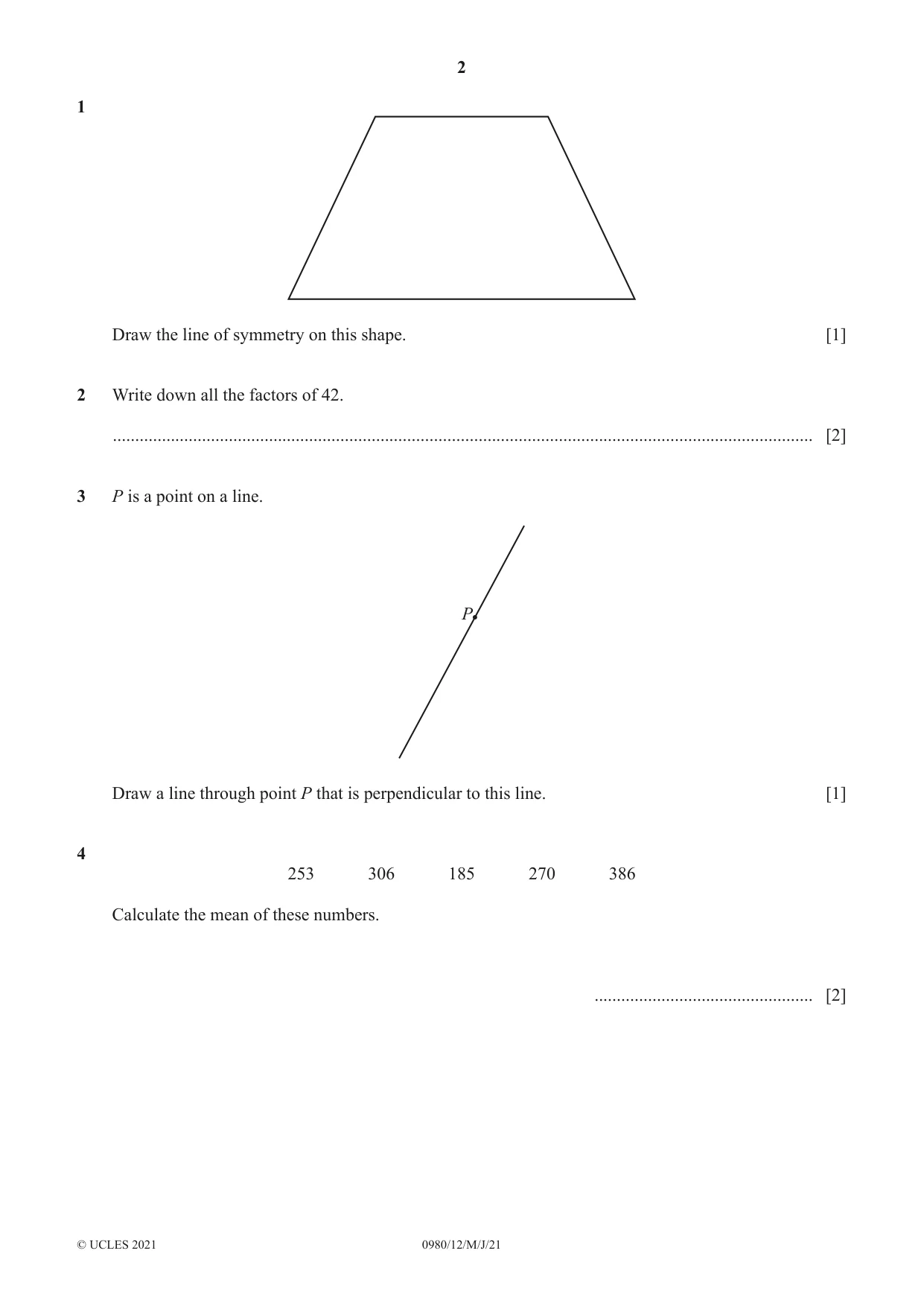 Cambridge IGCSE Mathematics (9-1) 0980 2021 May/June Paper 1 · Variant 2 question paper, page 2 of 12