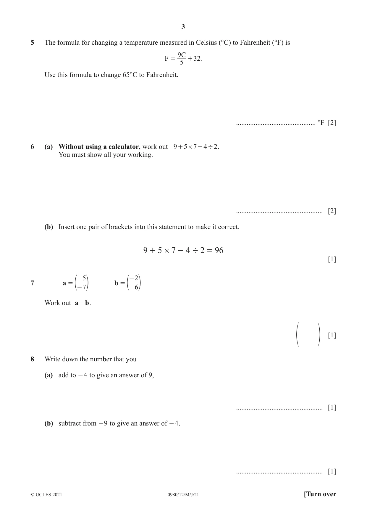 Cambridge IGCSE Mathematics (9-1) 0980 2021 May/June Paper 1 · Variant 2 question paper, page 3 of 12