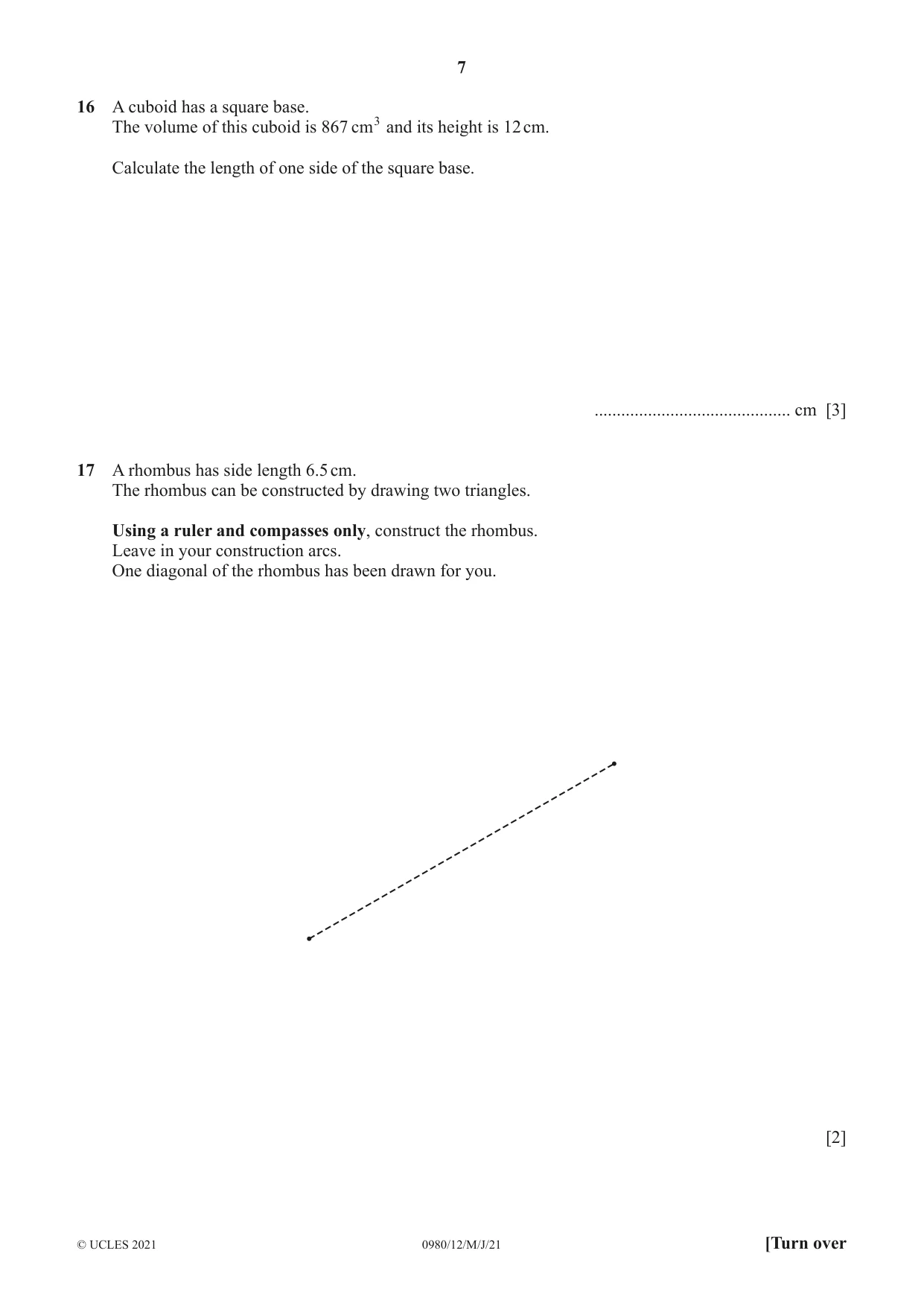 Cambridge IGCSE Mathematics (9-1) 0980 2021 May/June Paper 1 · Variant 2 question paper, page 7 of 12