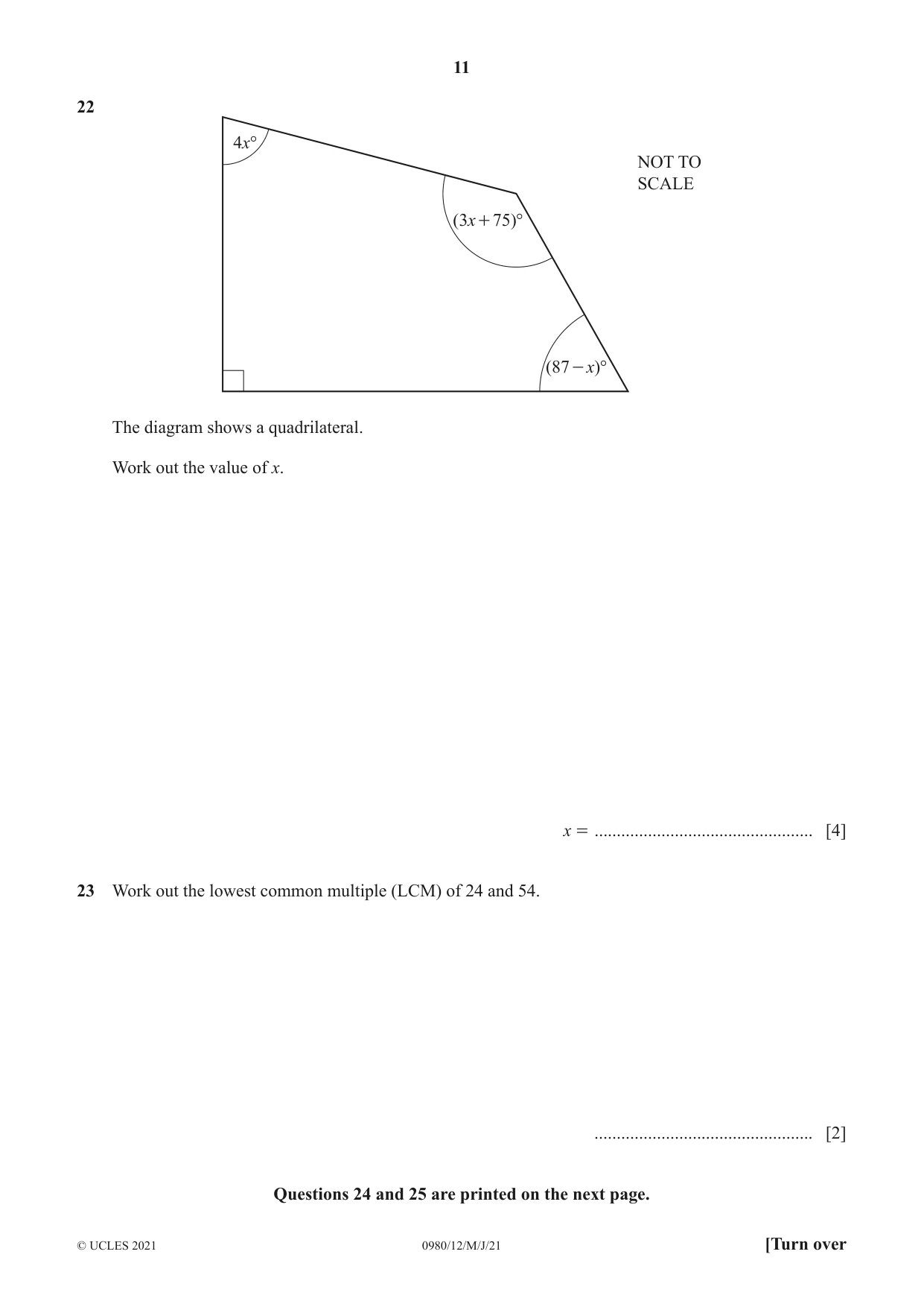 Cambridge IGCSE Mathematics (9-1) 0980 2021 May/June Paper 1 · Variant 2 question paper, page 11 of 12