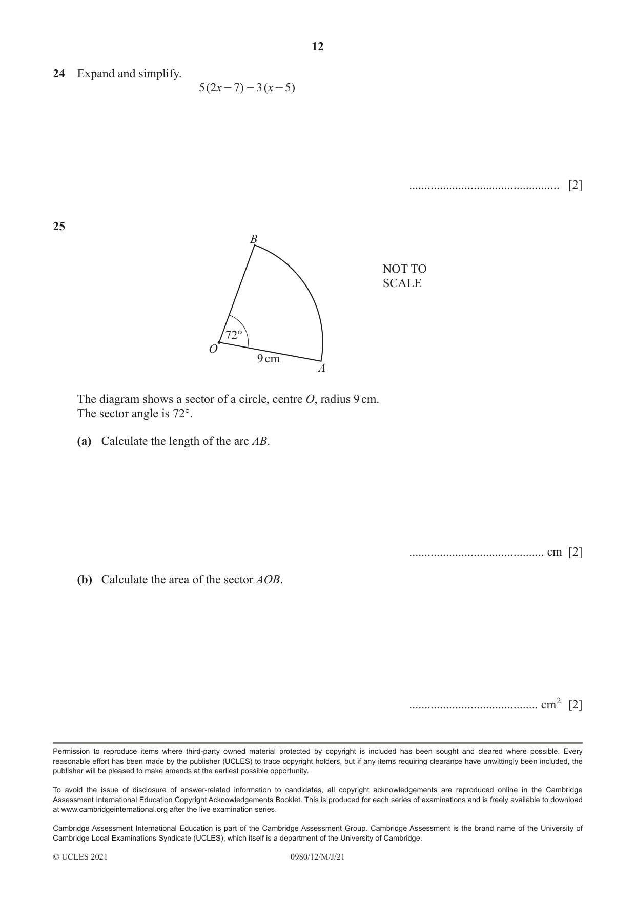 Cambridge IGCSE Mathematics (9-1) 0980 2021 May/June Paper 1 · Variant 2 question paper, page 12 of 12