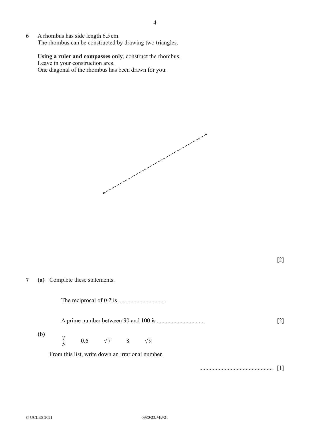 Cambridge IGCSE Mathematics (9-1) 0980 2021 May/June Paper 2 · Variant 2 question paper, page 4 of 16
