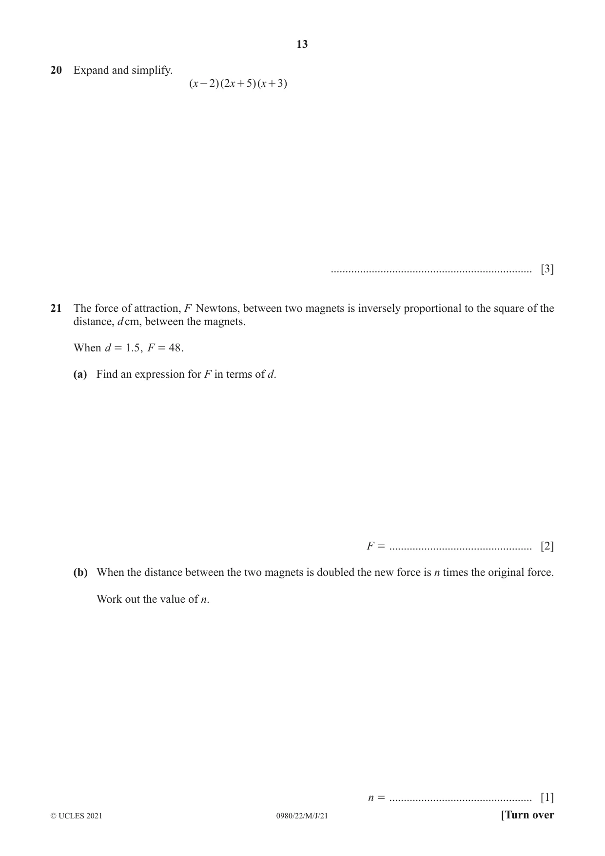 Cambridge IGCSE Mathematics (9-1) 0980 2021 May/June Paper 2 · Variant 2 question paper, page 13 of 16