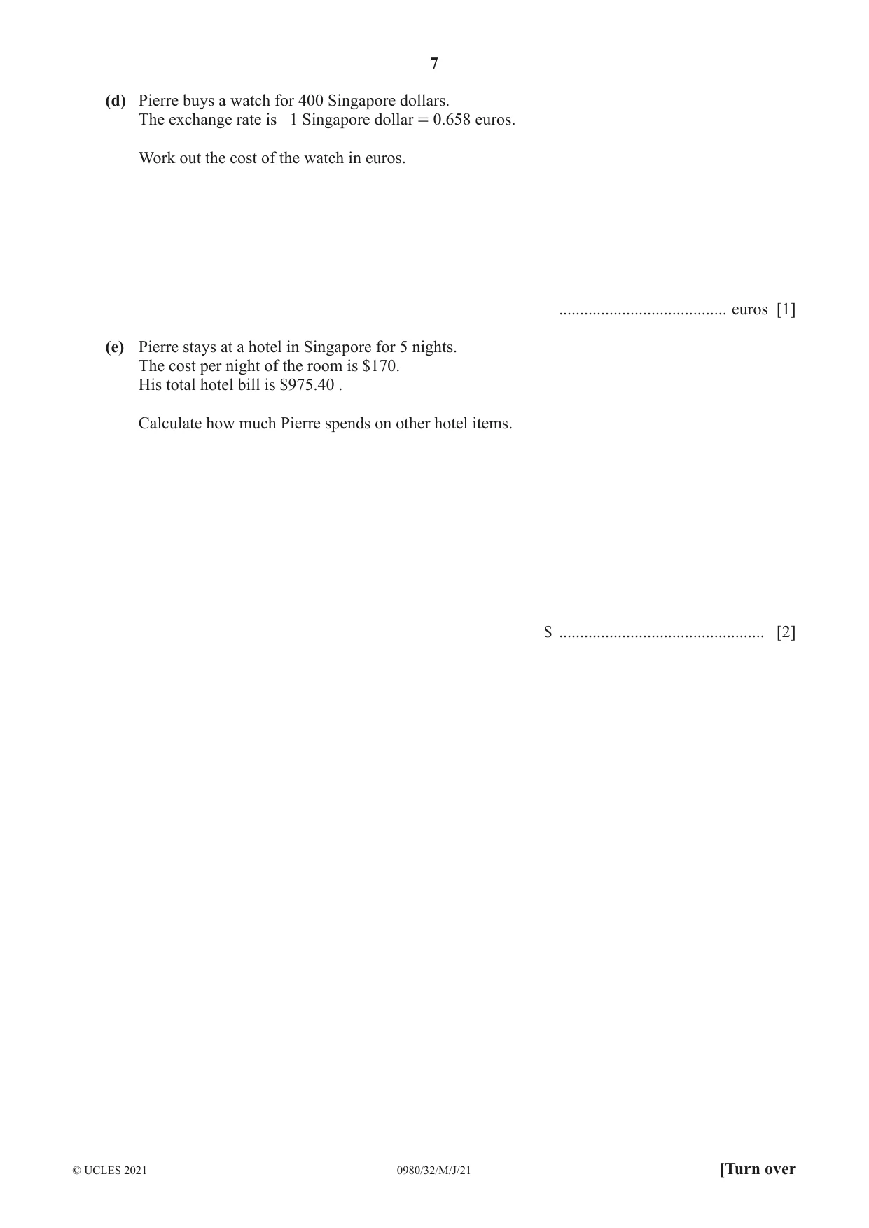 Cambridge IGCSE Mathematics (9-1) 0980 2021 May/June Paper 3 · Variant 2 question paper, page 7 of 20