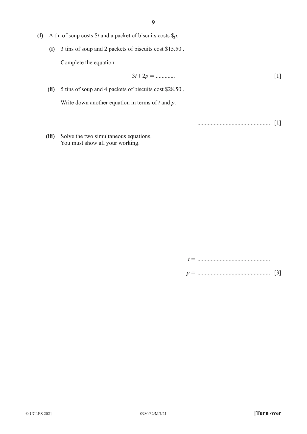 Cambridge IGCSE Mathematics (9-1) 0980 2021 May/June Paper 3 · Variant 2 question paper, page 9 of 20