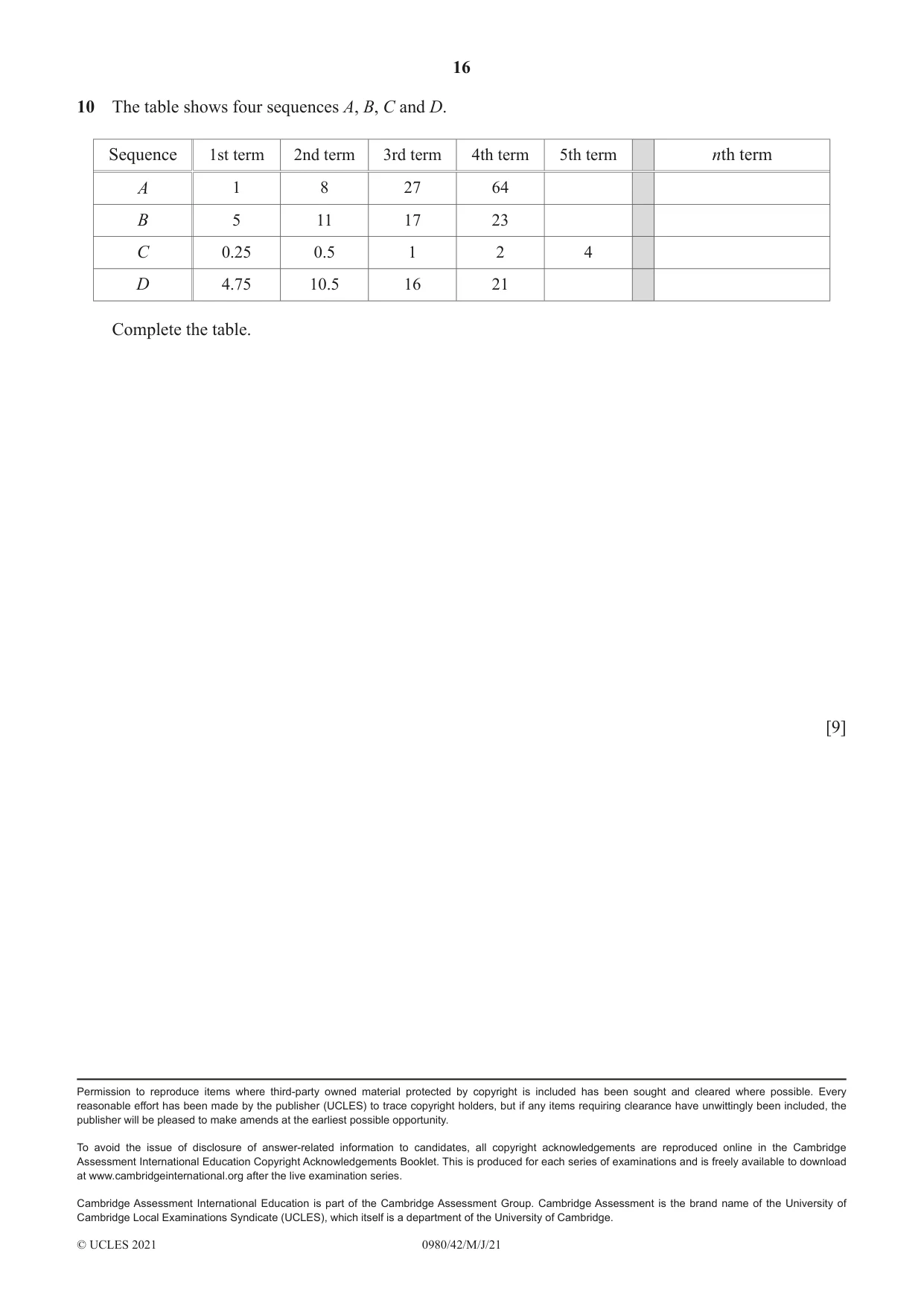 Cambridge IGCSE Mathematics (9-1) 0980 2021 May/June Paper 4 · Variant 2 question paper, page 16 of 16