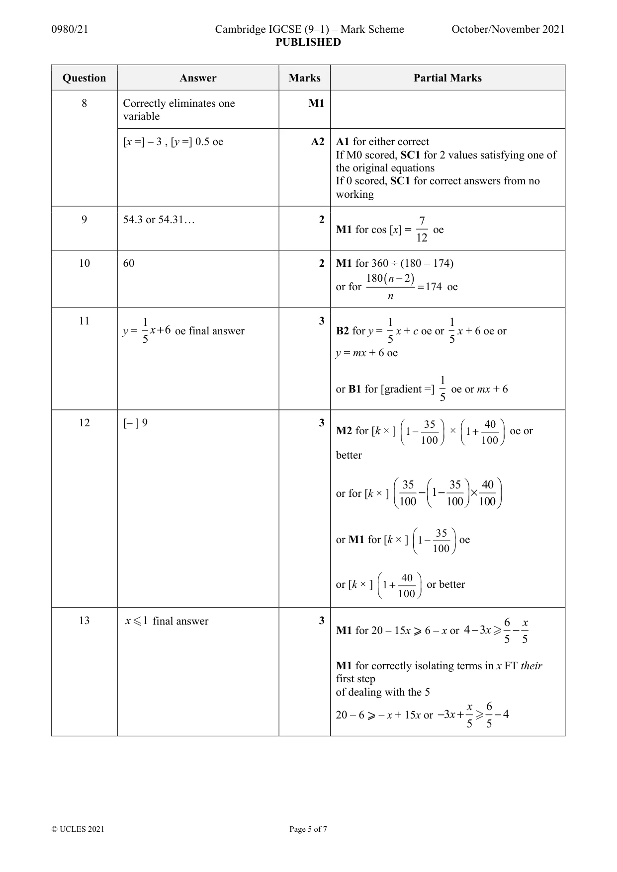 Mark scheme, page 5 of 7