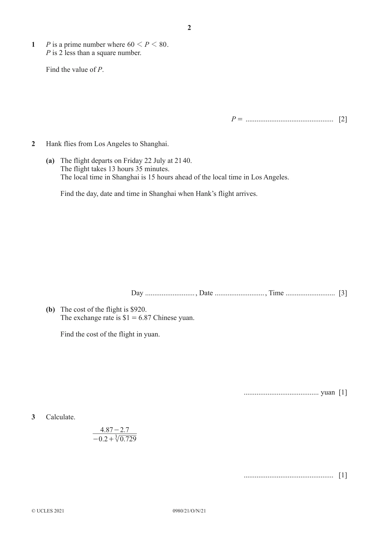 Cambridge IGCSE Mathematics (9-1) 0980 2021 Oct/Nov Paper 2 · Variant 1 question paper, page 2 of 12