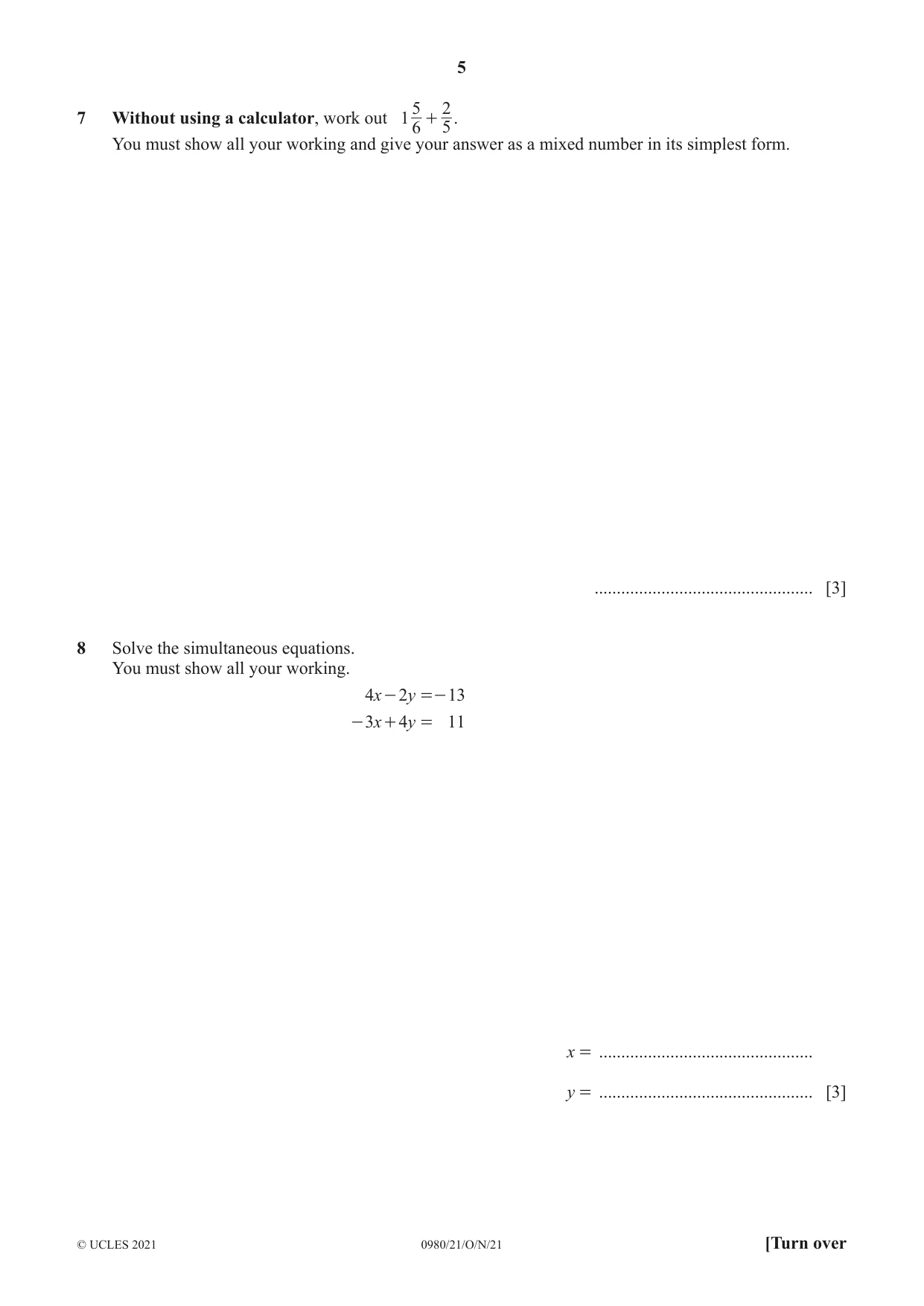 Cambridge IGCSE Mathematics (9-1) 0980 2021 Oct/Nov Paper 2 · Variant 1 question paper, page 5 of 12