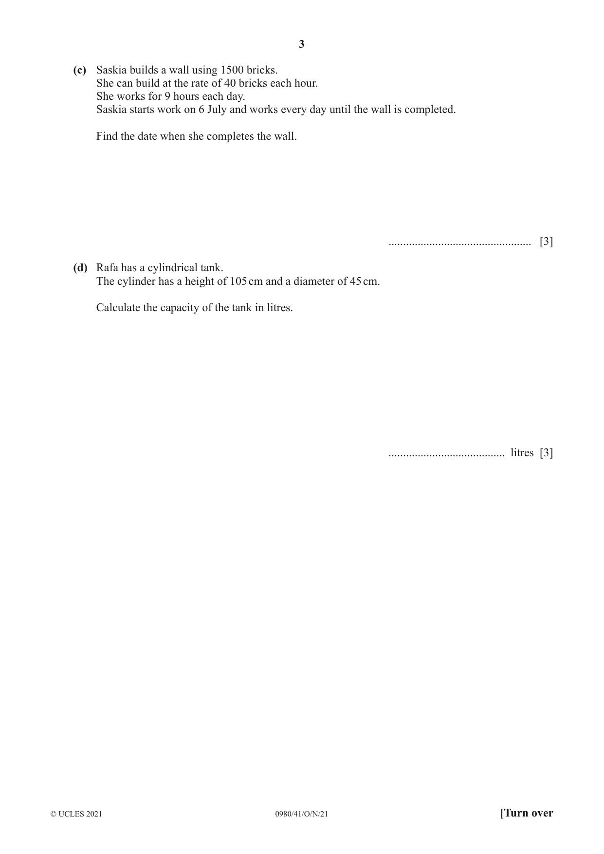 Cambridge IGCSE Mathematics (9-1) 0980 2021 Oct/Nov Paper 4 · Variant 1 question paper, page 3 of 20