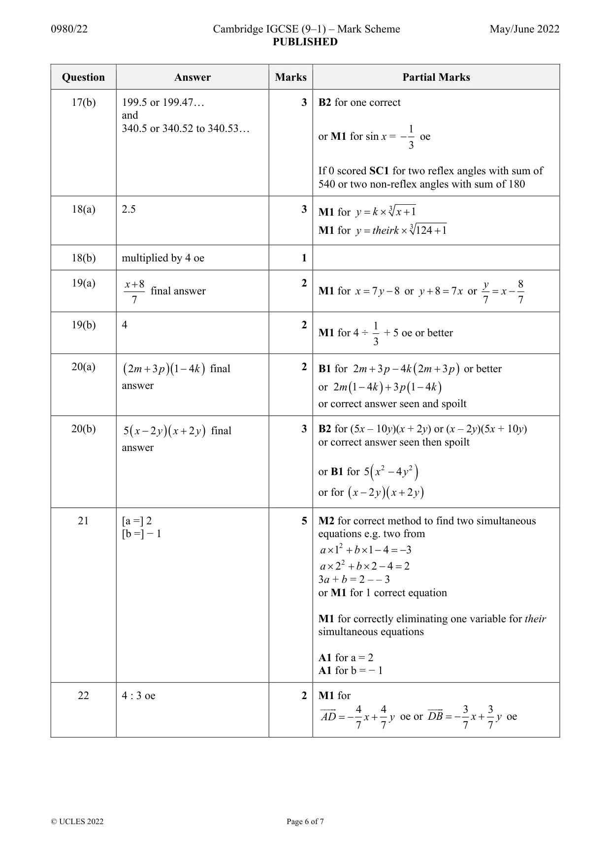 Mark scheme, page 6 of 7