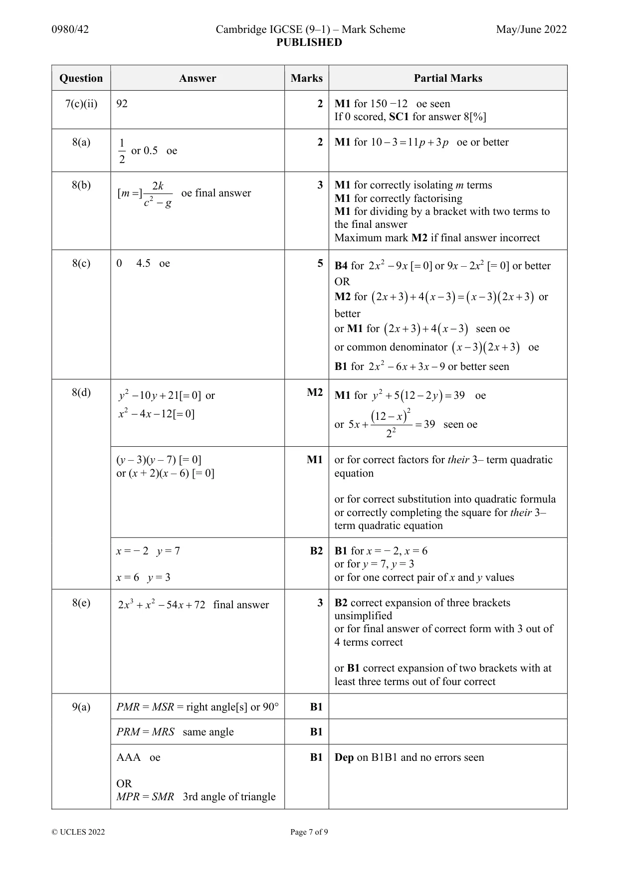 Mark scheme, page 7 of 9