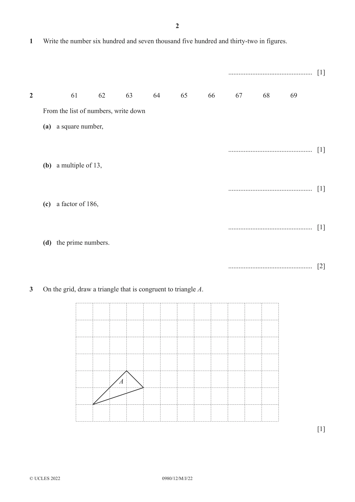 Cambridge IGCSE Mathematics (9-1) 0980 2022 May/June Paper 1 · Variant 2 question paper, page 2 of 12