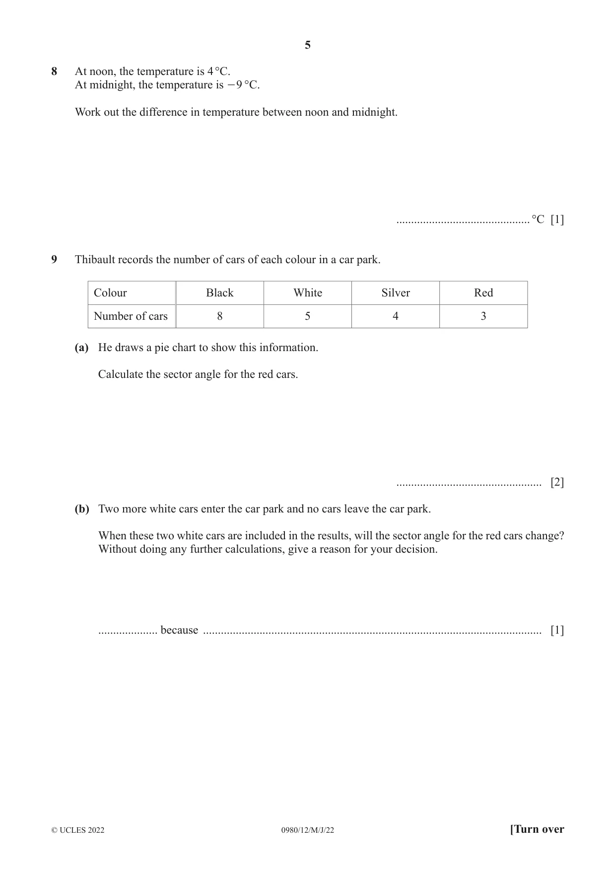 Cambridge IGCSE Mathematics (9-1) 0980 2022 May/June Paper 1 · Variant 2 question paper, page 5 of 12