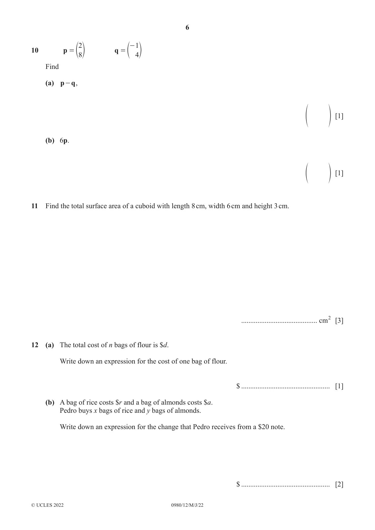 Cambridge IGCSE Mathematics (9-1) 0980 2022 May/June Paper 1 · Variant 2 question paper, page 6 of 12
