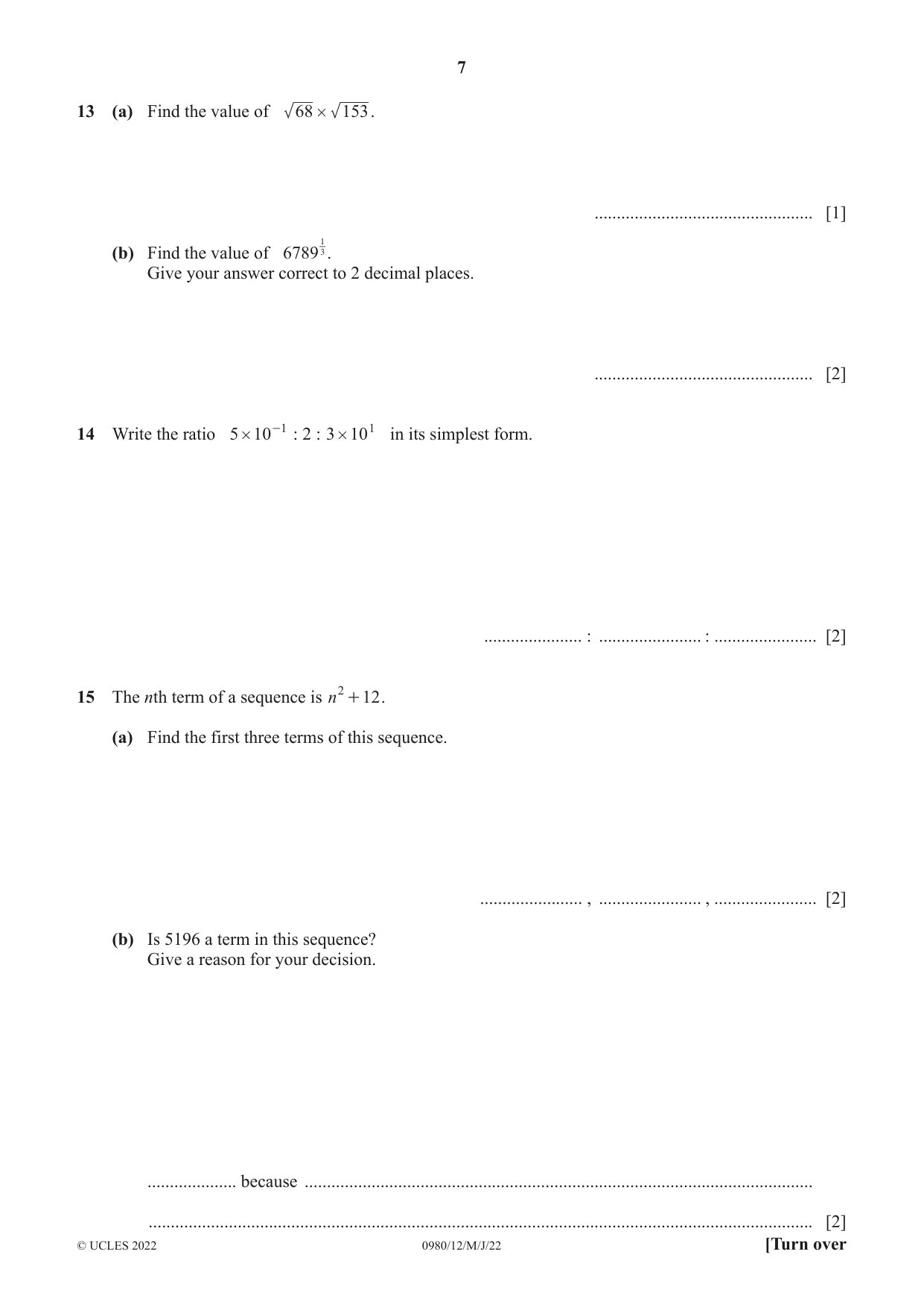 Cambridge IGCSE Mathematics (9-1) 0980 2022 May/June Paper 1 · Variant 2 question paper, page 7 of 12