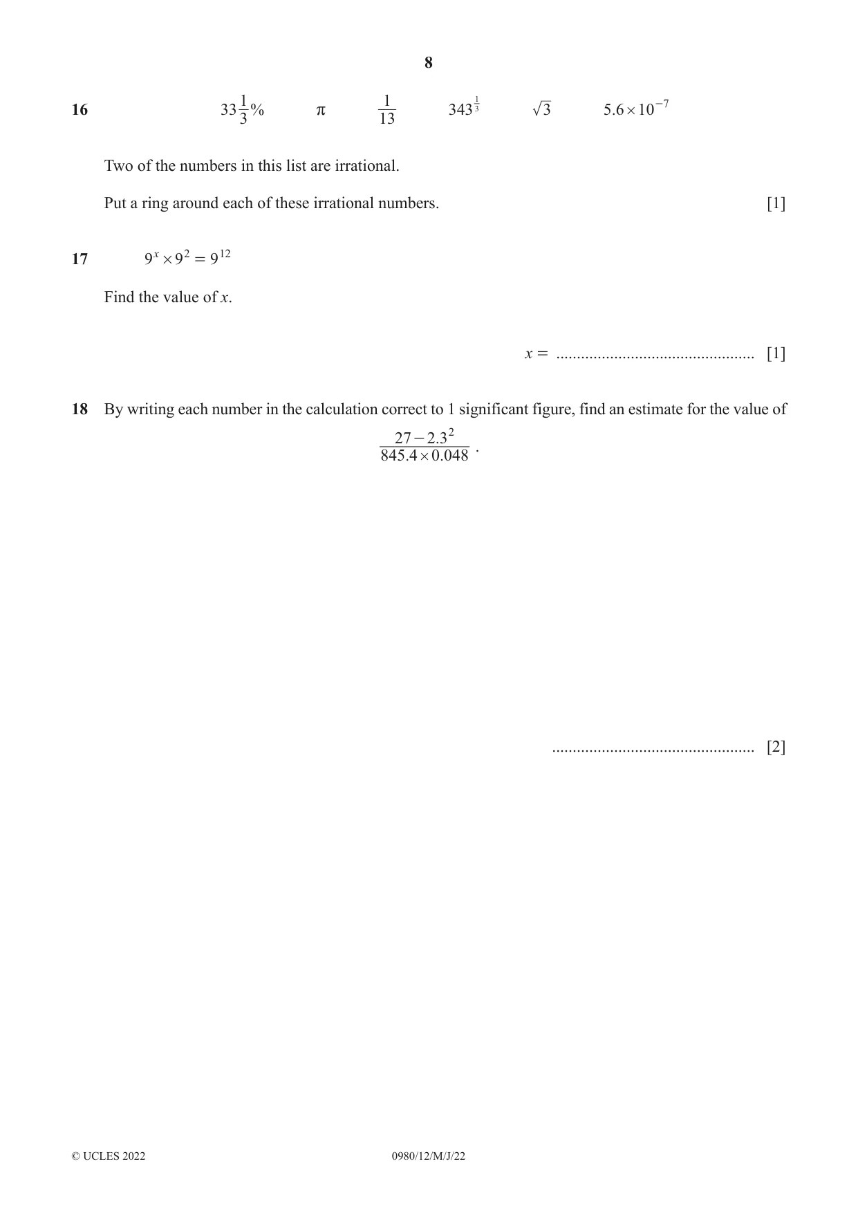 Cambridge IGCSE Mathematics (9-1) 0980 2022 May/June Paper 1 · Variant 2 question paper, page 8 of 12