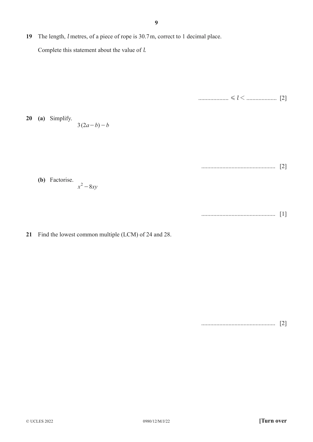 Cambridge IGCSE Mathematics (9-1) 0980 2022 May/June Paper 1 · Variant 2 question paper, page 9 of 12