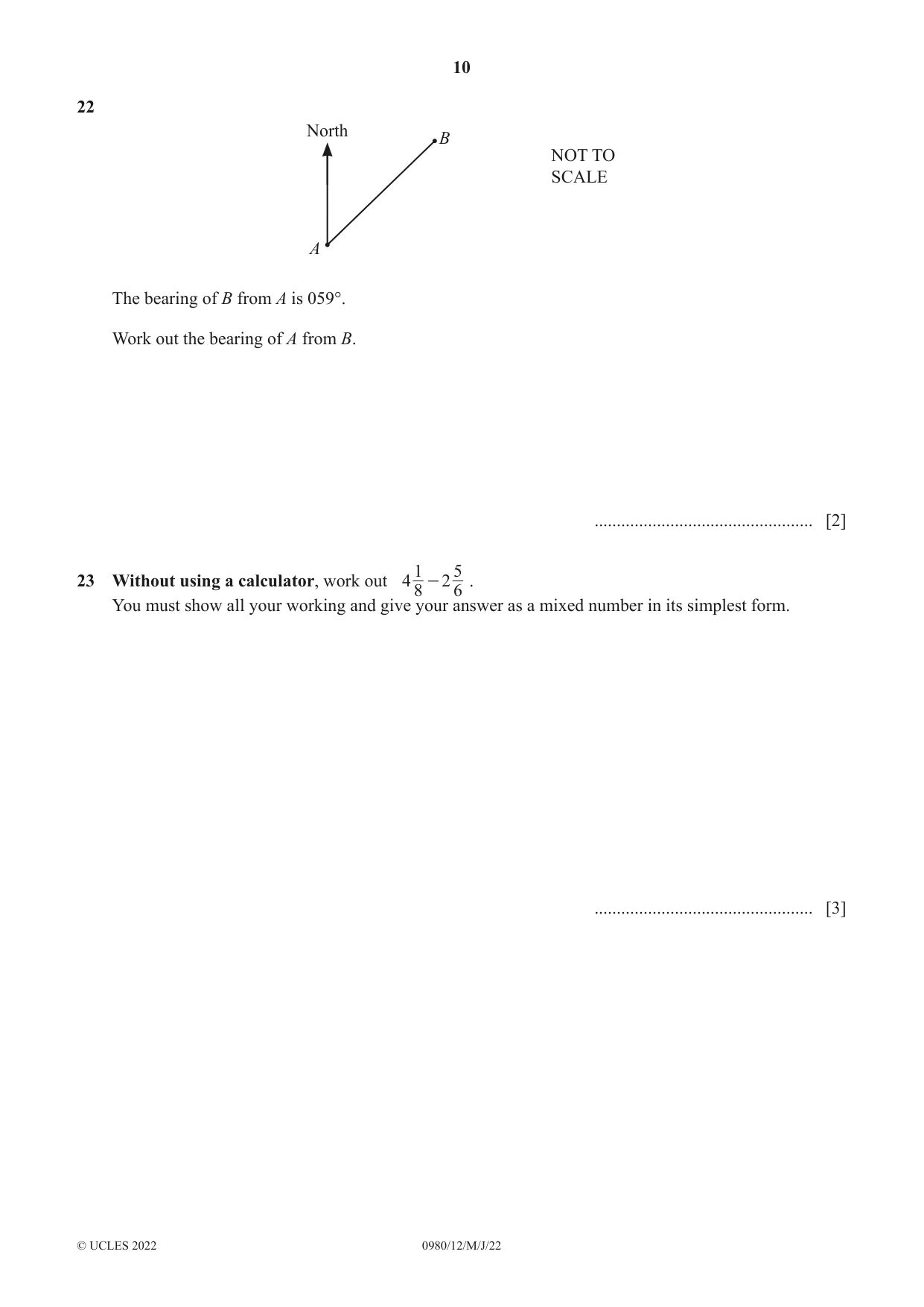 Cambridge IGCSE Mathematics (9-1) 0980 2022 May/June Paper 1 · Variant 2 question paper, page 10 of 12