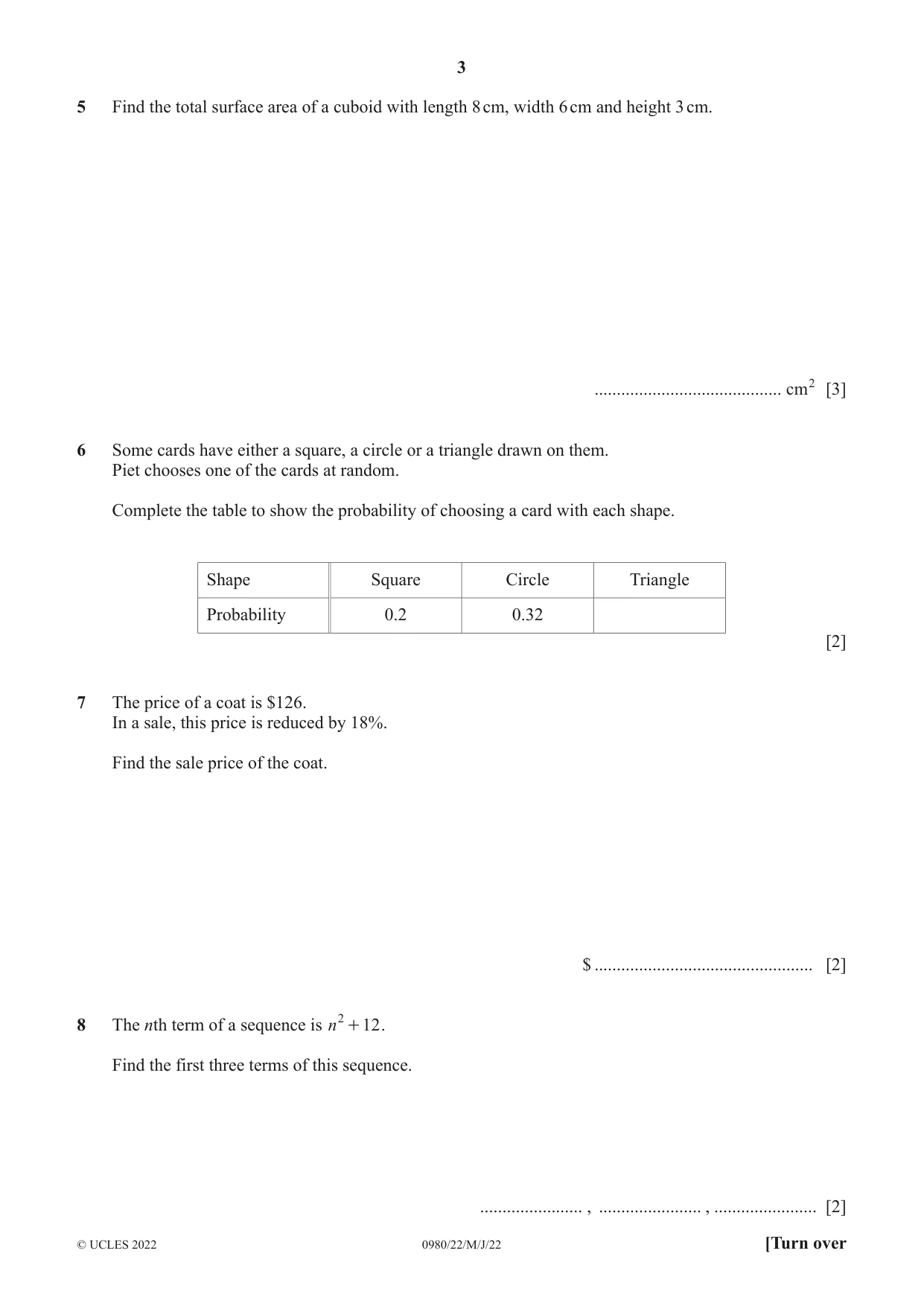 Cambridge IGCSE Mathematics (9-1) 0980 2022 May/June Paper 2 · Variant 2 question paper, page 3 of 12