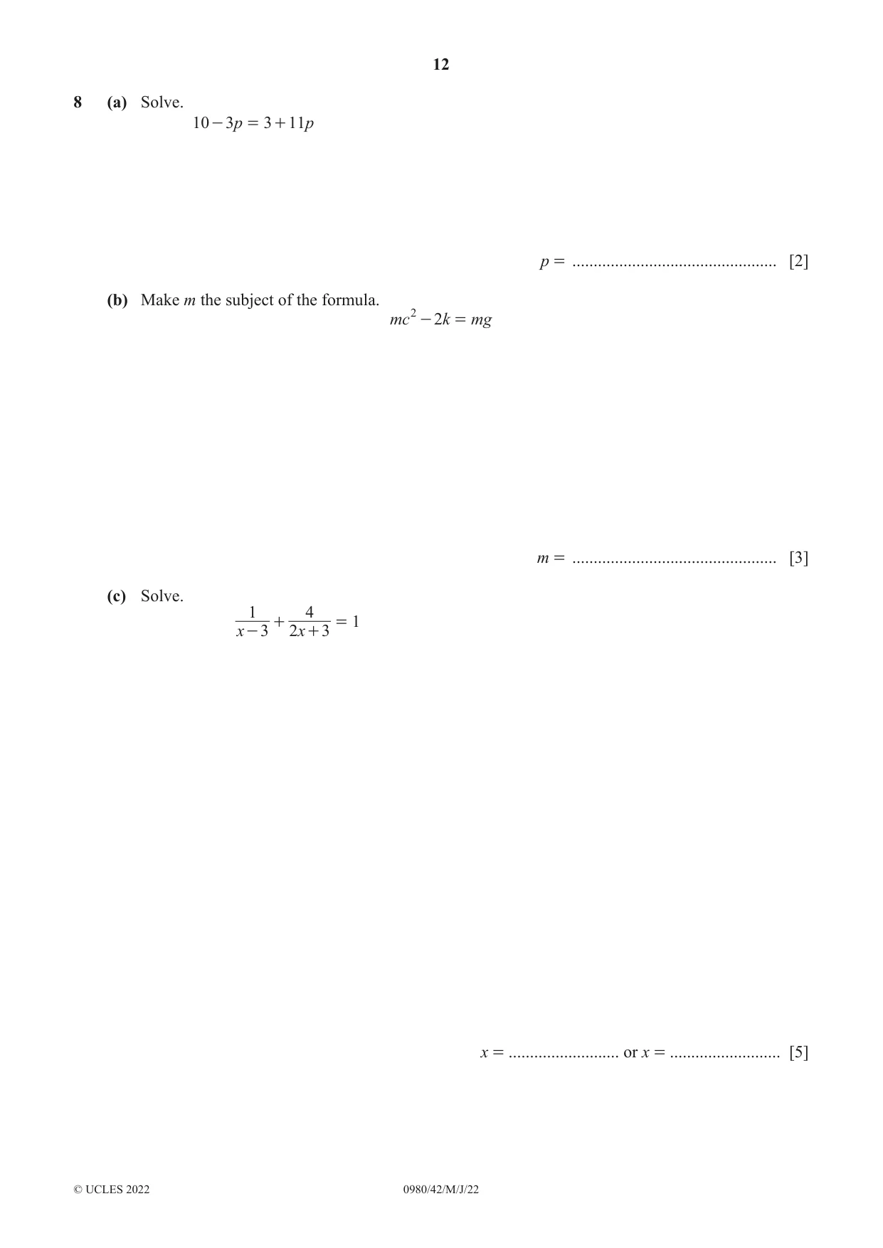 Cambridge IGCSE Mathematics (9-1) 0980 2022 May/June Paper 4 · Variant 2 question paper, page 12 of 20