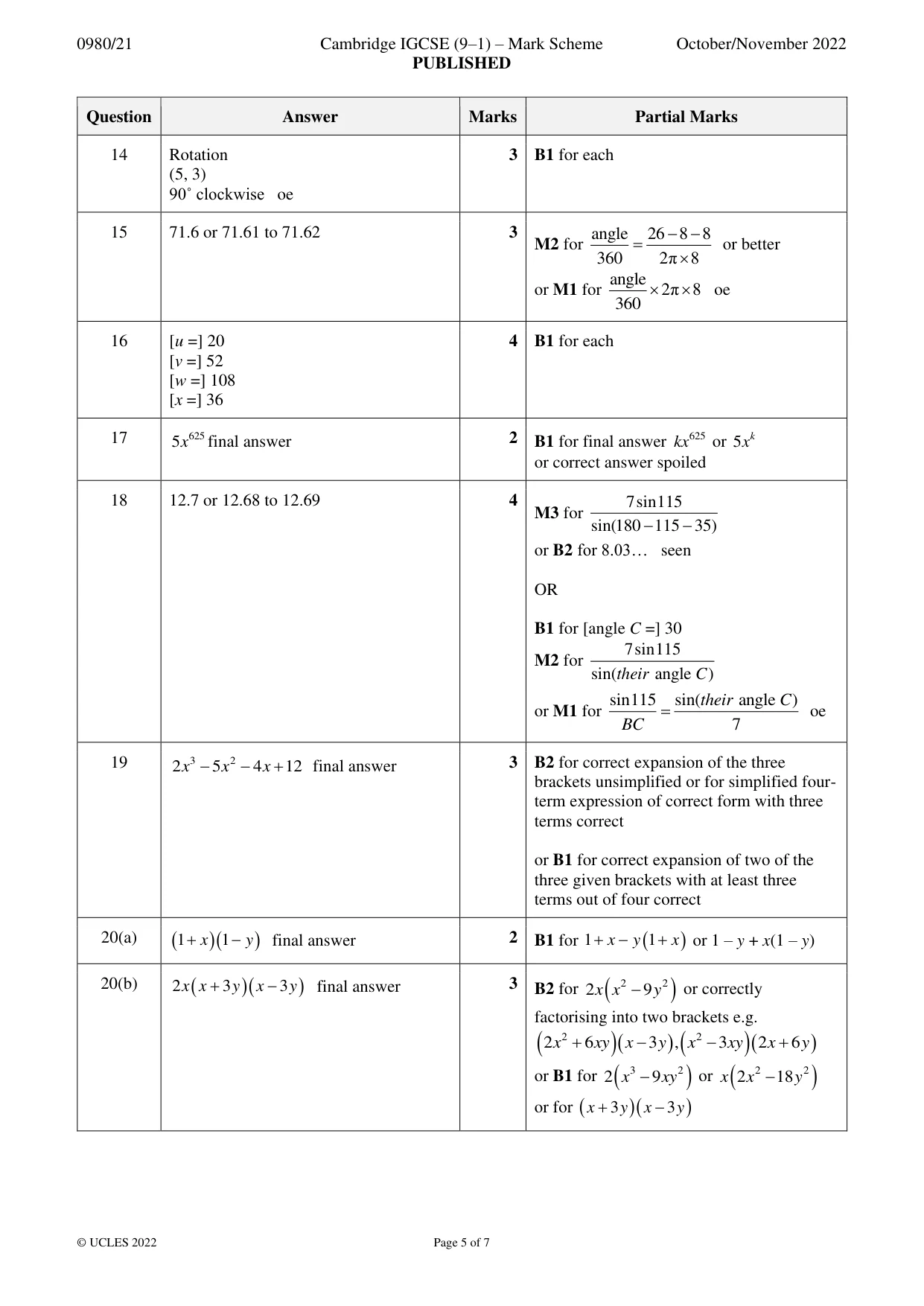 Mark scheme, page 5 of 7