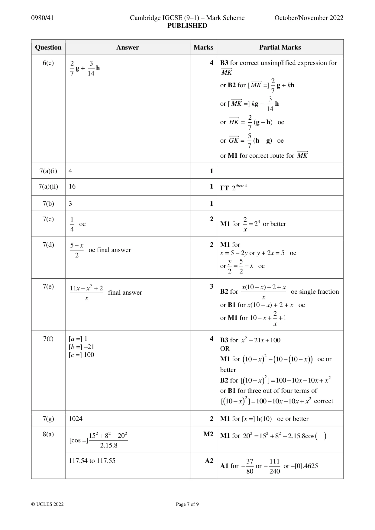 Mark scheme, page 7 of 9
