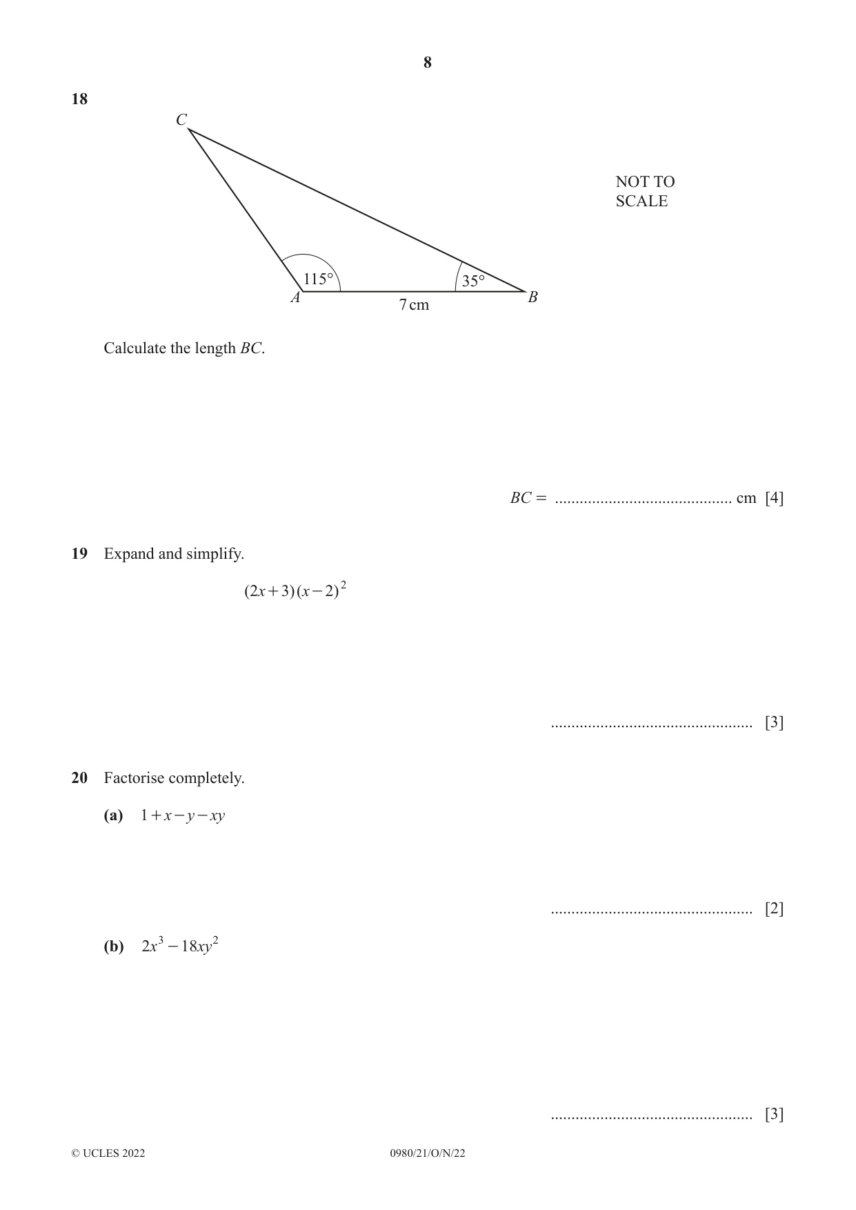 Cambridge IGCSE Mathematics (9-1) 0980 2022 Oct/Nov Paper 2 · Variant 1 question paper, page 8 of 12