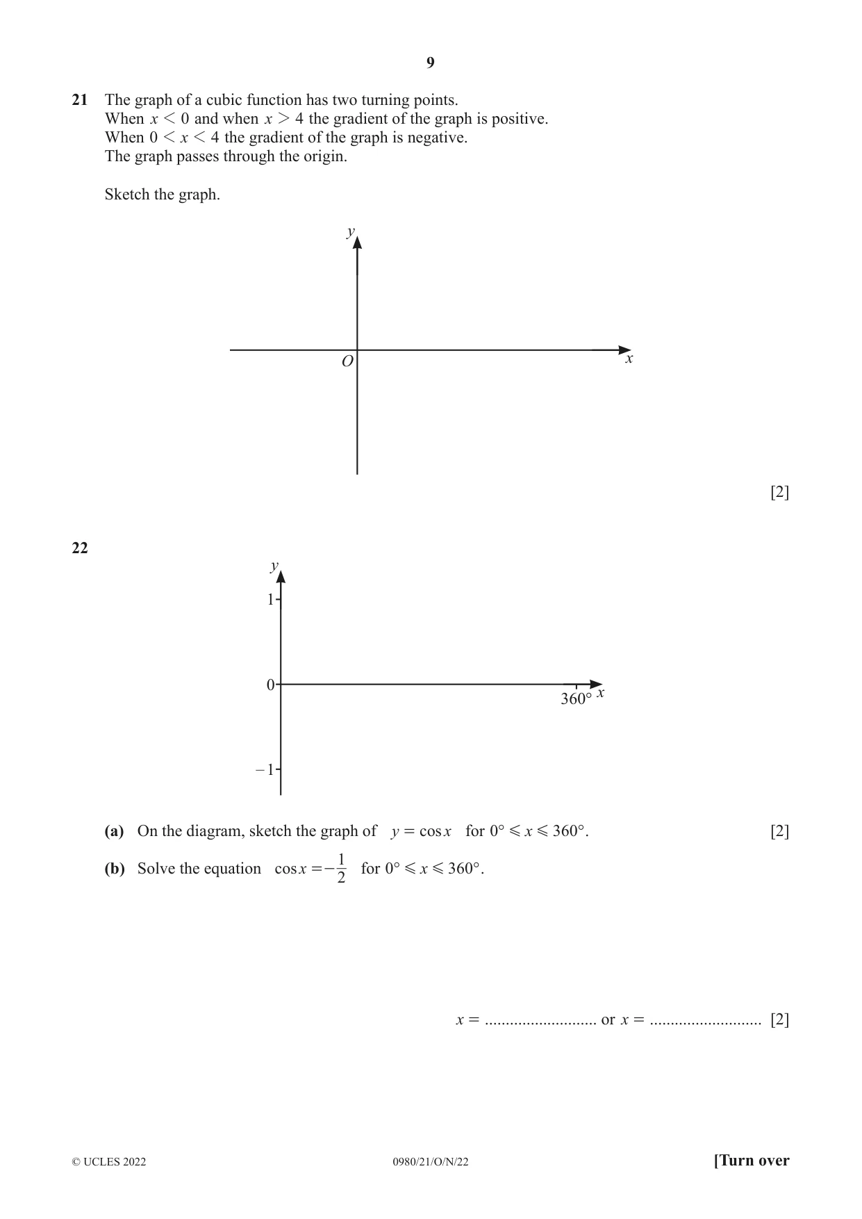 Cambridge IGCSE Mathematics (9-1) 0980 2022 Oct/Nov Paper 2 · Variant 1 question paper, page 9 of 12