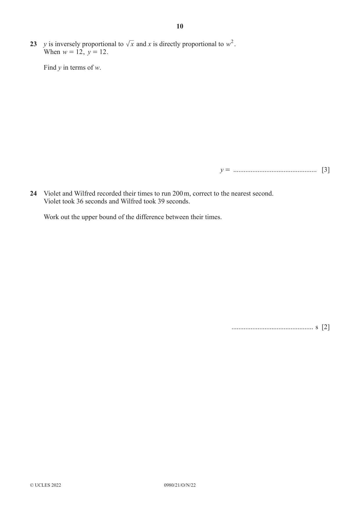 Cambridge IGCSE Mathematics (9-1) 0980 2022 Oct/Nov Paper 2 · Variant 1 question paper, page 10 of 12