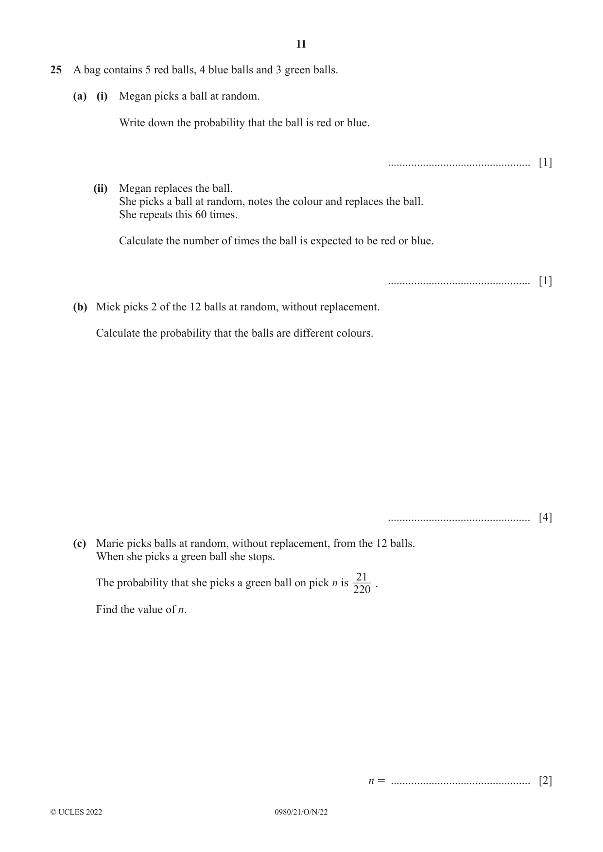 Cambridge IGCSE Mathematics (9-1) 0980 2022 Oct/Nov Paper 2 · Variant 1 question paper, page 11 of 12