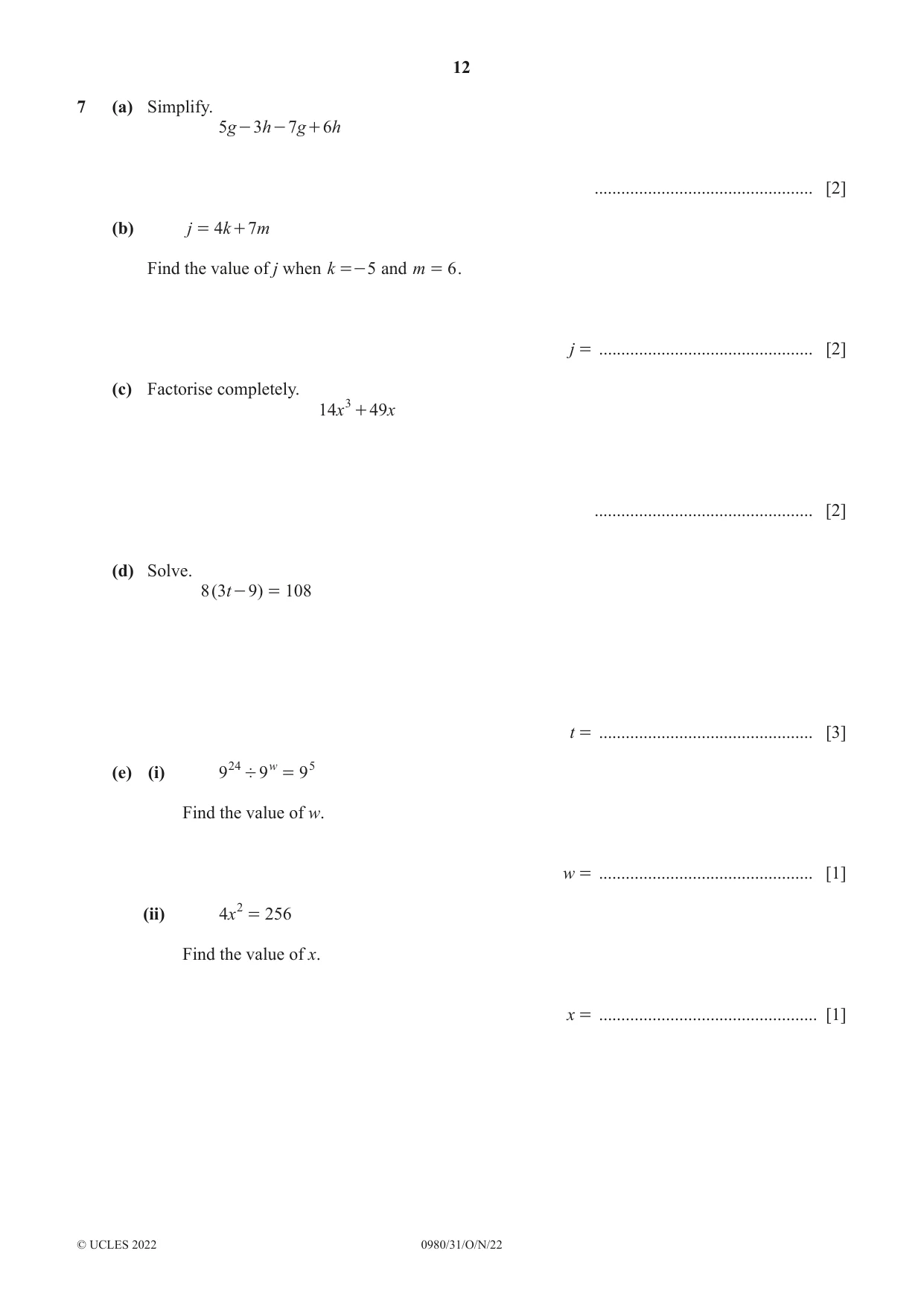 Cambridge IGCSE Mathematics (9-1) 0980 2022 Oct/Nov Paper 3 · Variant 1 question paper, page 12 of 16