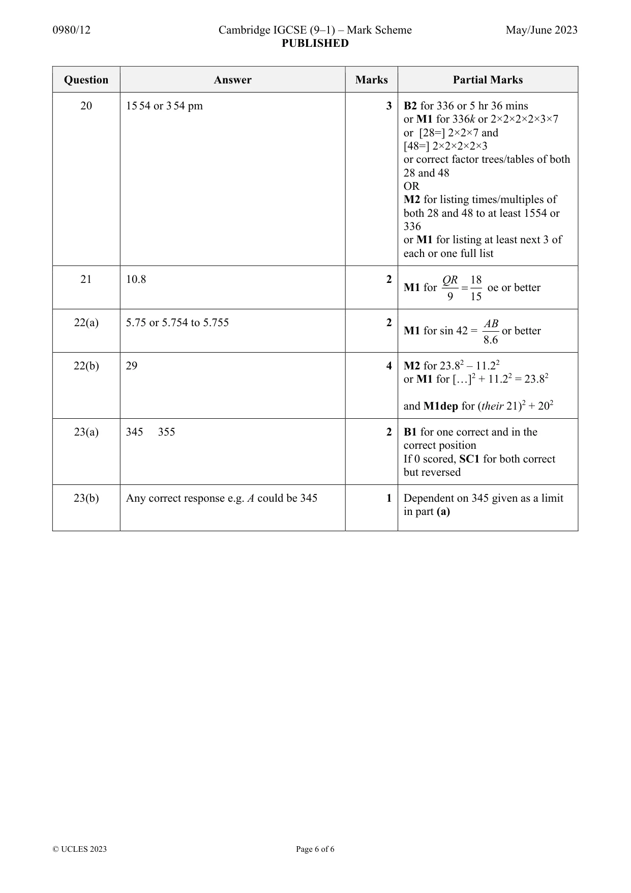 Mark scheme, page 6 of 6