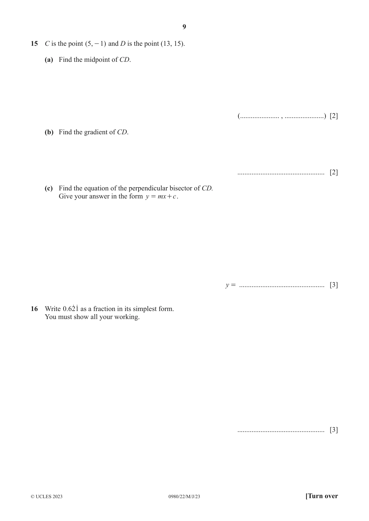 Cambridge IGCSE Mathematics (9-1) 0980 2023 May/June Paper 2 · Variant 2 question paper, page 9 of 12