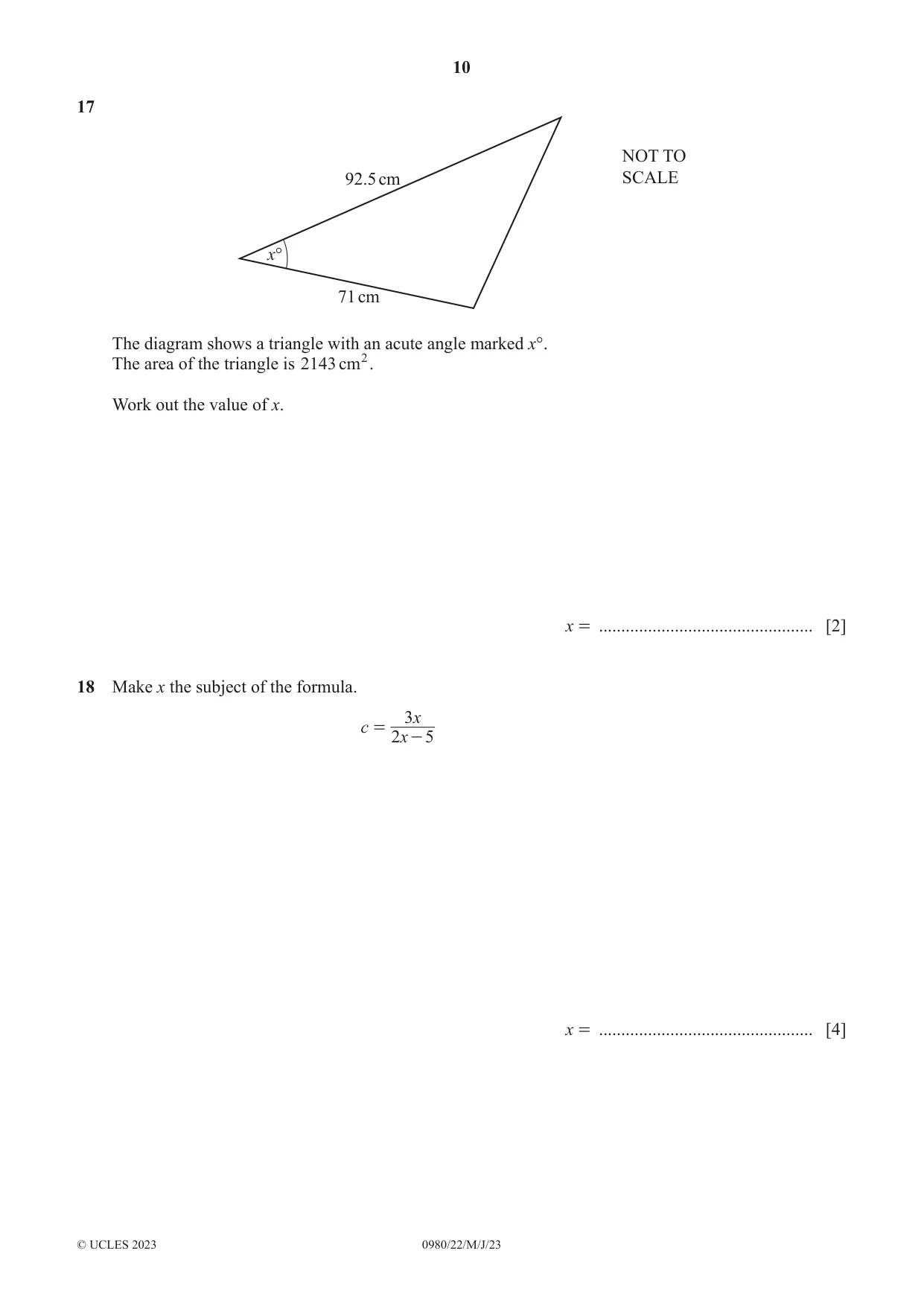 Cambridge IGCSE Mathematics (9-1) 0980 2023 May/June Paper 2 · Variant 2 question paper, page 10 of 12