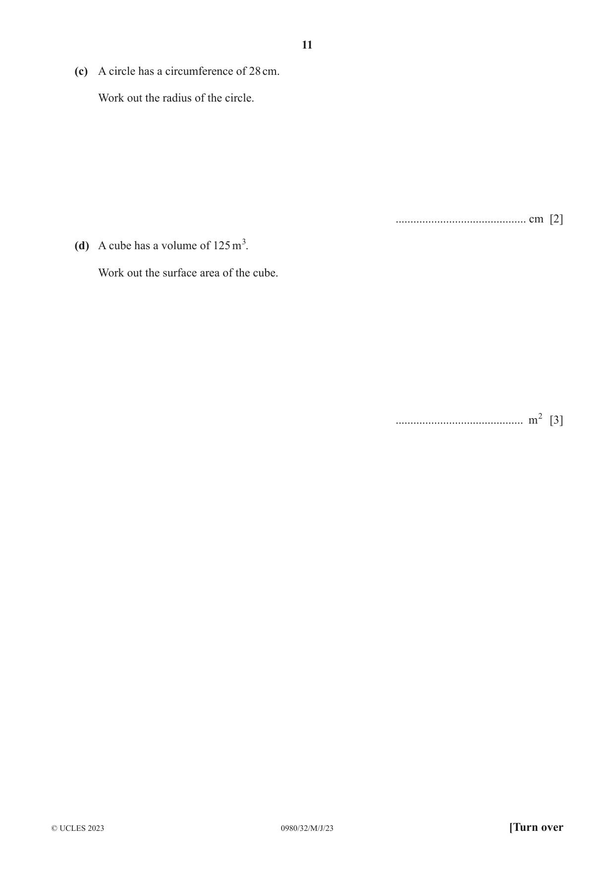 Cambridge IGCSE Mathematics (9-1) 0980 2023 May/June Paper 3 · Variant 2 question paper, page 11 of 20