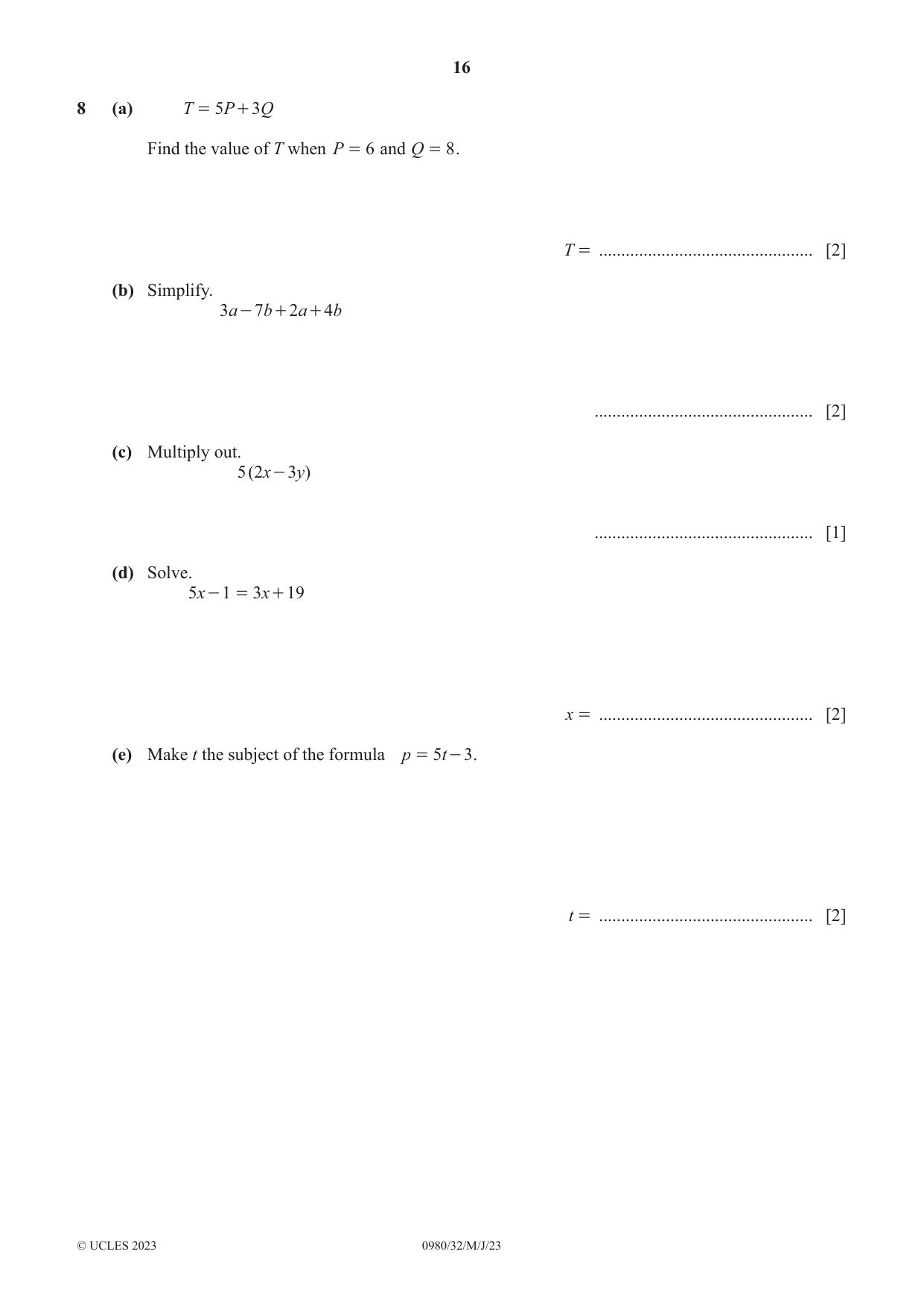 Cambridge IGCSE Mathematics (9-1) 0980 2023 May/June Paper 3 · Variant 2 question paper, page 16 of 20