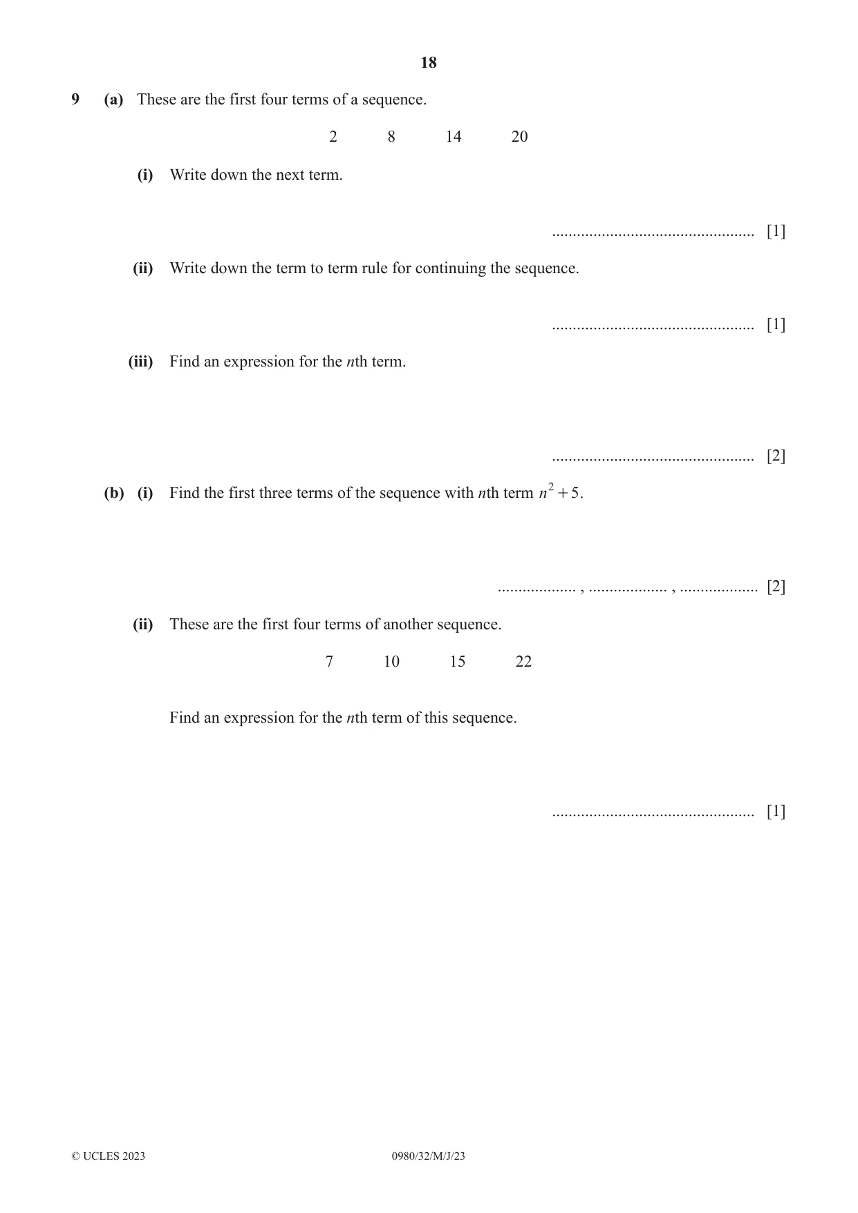 Cambridge IGCSE Mathematics (9-1) 0980 2023 May/June Paper 3 · Variant 2 question paper, page 18 of 20