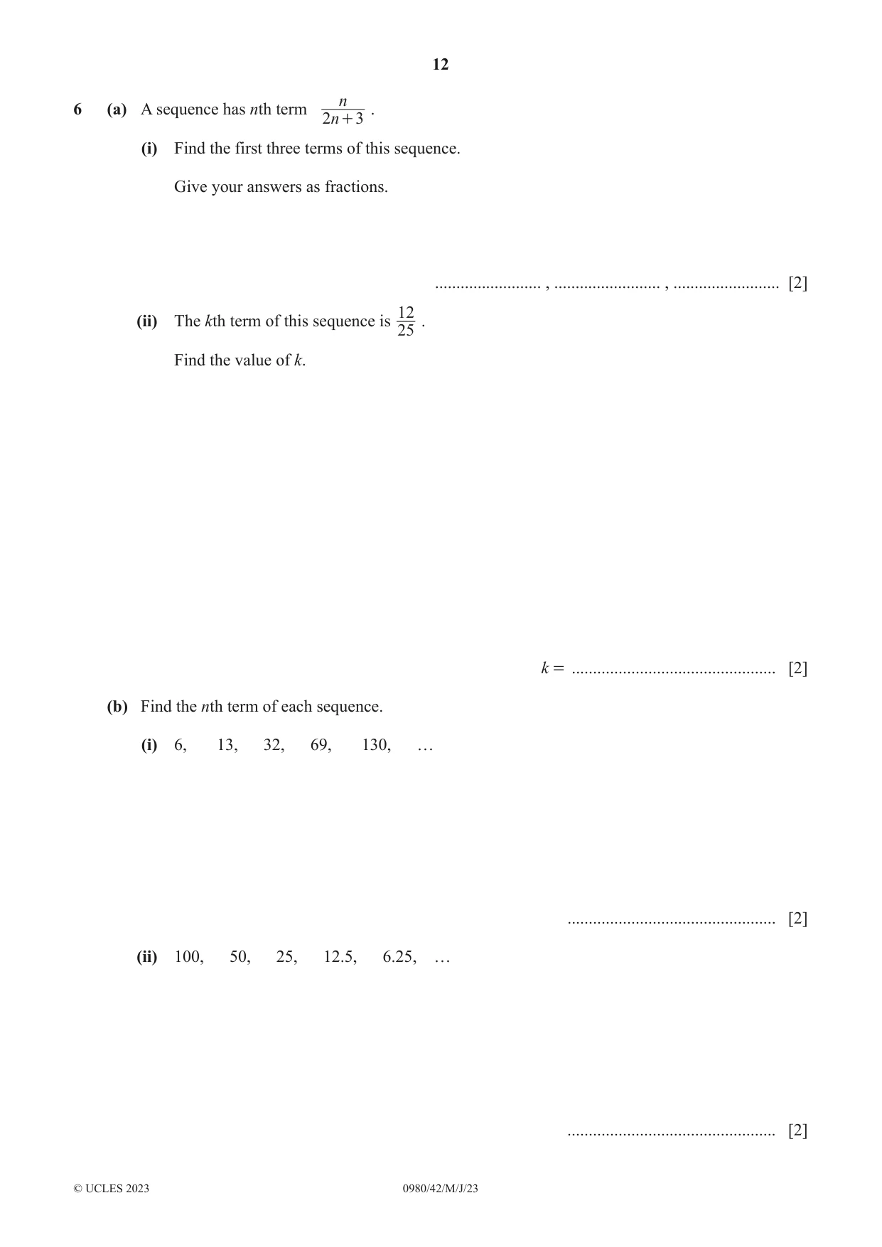 Cambridge IGCSE Mathematics (9-1) 0980 2023 May/June Paper 4 · Variant 2 question paper, page 12 of 20